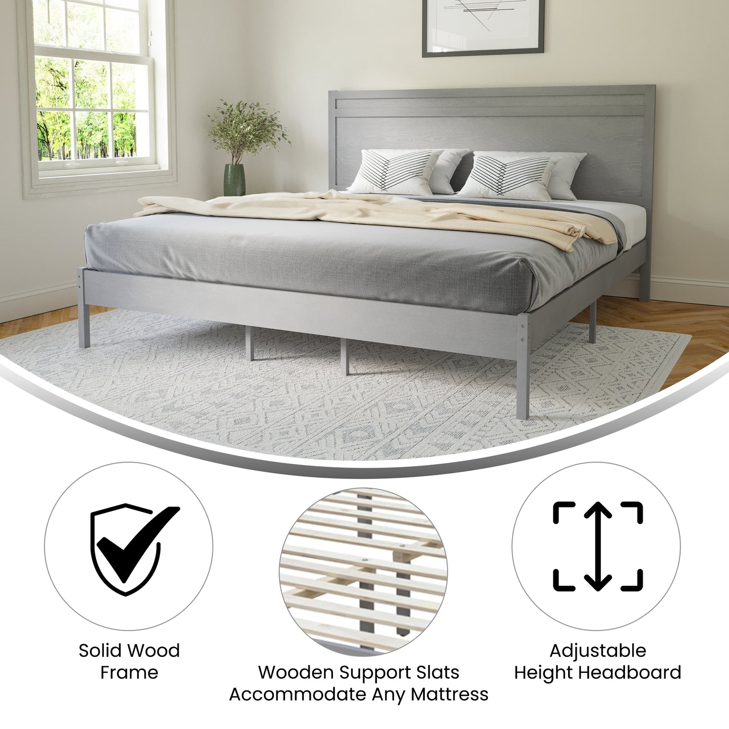 Kingston King Size Solid Wood Platform Bed with Wooden Slats and Headboard, No Box Spring Needed, Gray Gray