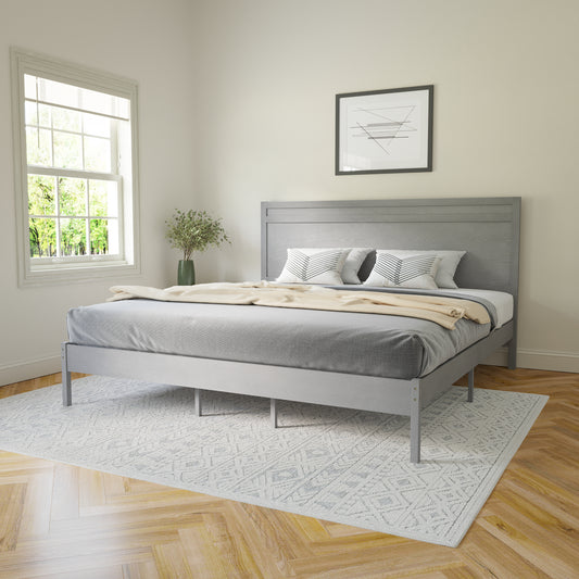 Kingston King Size Solid Wood Platform Bed with Wooden Slats and Headboard, No Box Spring Needed, Gray Gray MG-09003KB-K-GRYWSH-GG