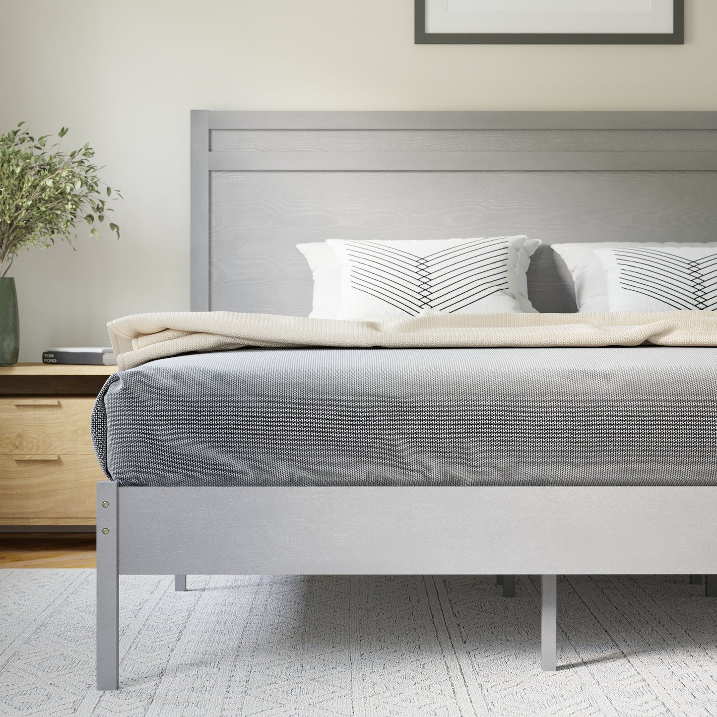 Kingston King Size Solid Wood Platform Bed with Wooden Slats and Headboard, No Box Spring Needed, Gray Gray