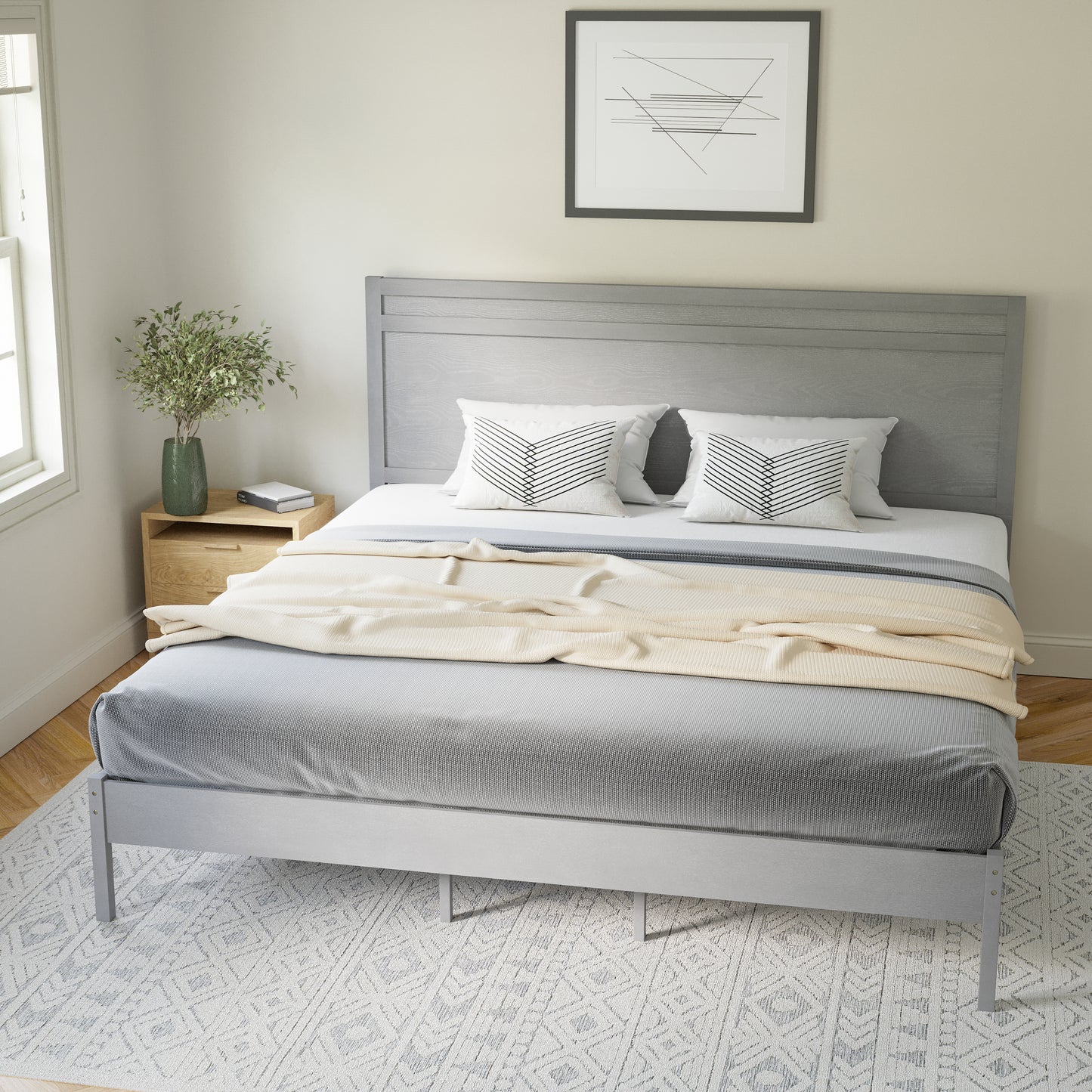 Kingston King Size Solid Wood Platform Bed with Wooden Slats and Headboard, No Box Spring Needed, Gray Gray