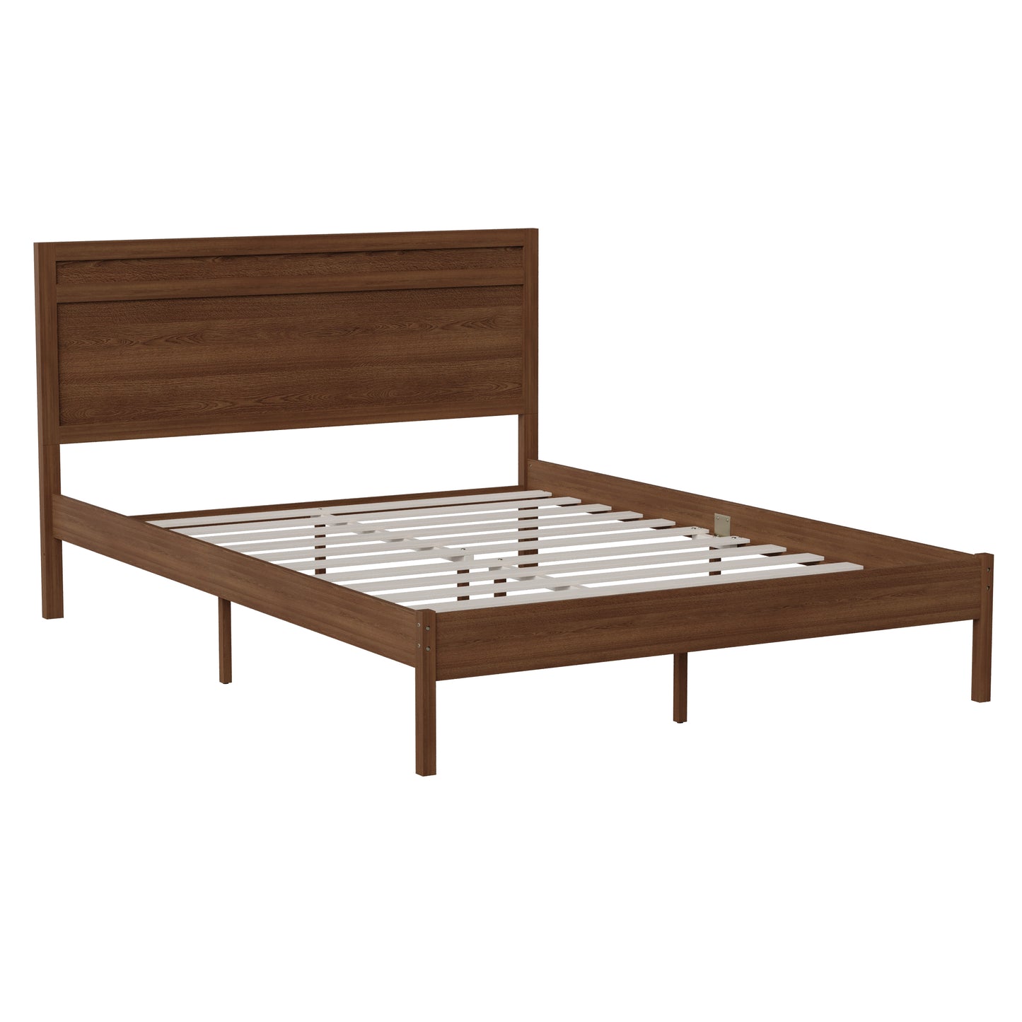 Kingston Queen Size Solid Wood Platform Bed with Wooden Slats and Headboard, No Box Spring Needed, Brown Brown