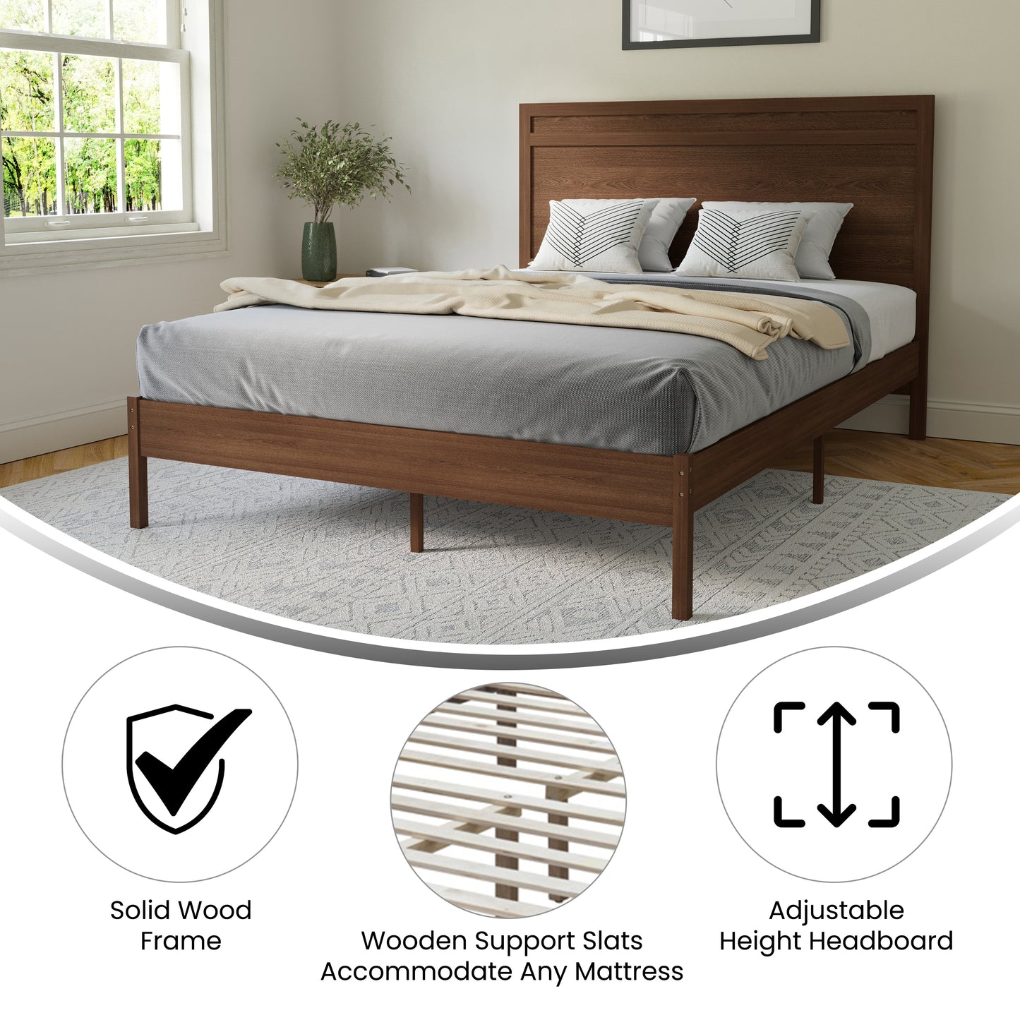 Kingston Queen Size Solid Wood Platform Bed with Wooden Slats and Headboard, No Box Spring Needed, Brown Brown