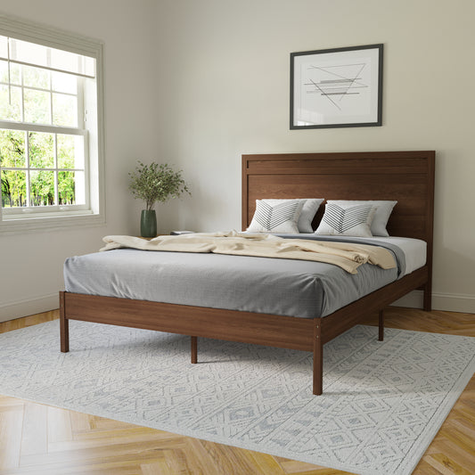 Kingston Queen Size Solid Wood Platform Bed with Wooden Slats and Headboard, No Box Spring Needed, Brown Brown MG-09003QB-Q-BRN-GG