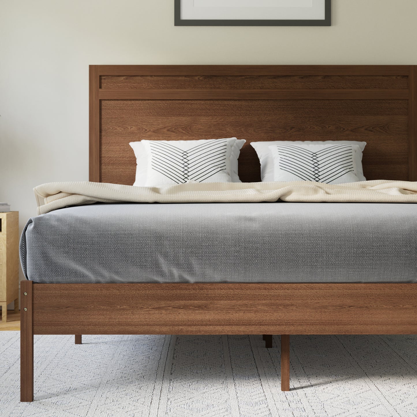 Kingston Queen Size Solid Wood Platform Bed with Wooden Slats and Headboard, No Box Spring Needed, Brown Brown