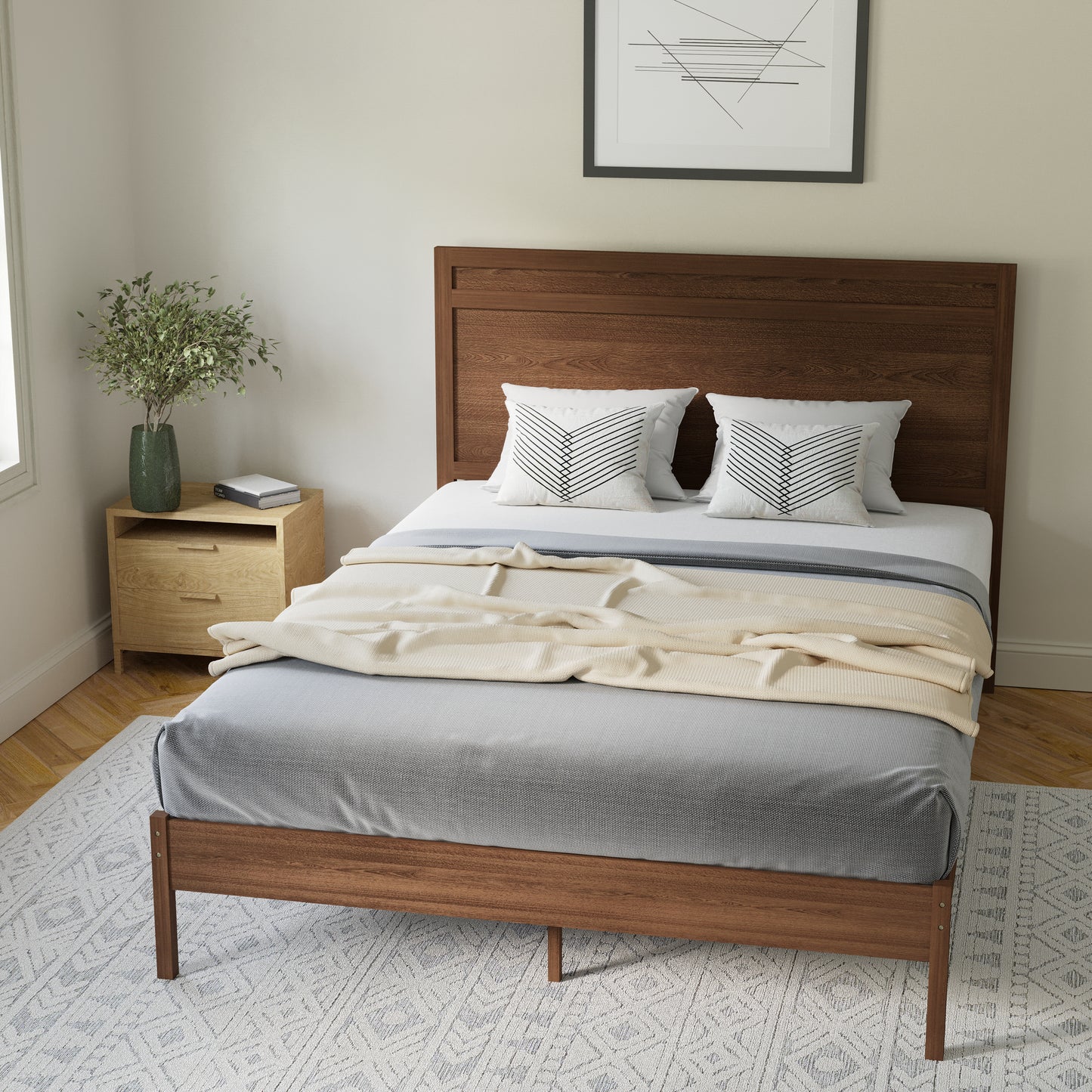 Kingston Queen Size Solid Wood Platform Bed with Wooden Slats and Headboard, No Box Spring Needed, Brown Brown