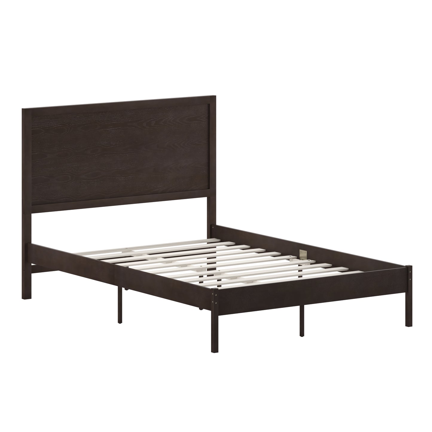Asher Full Size Solid Wood Platform Bed with Wooden Slats and Headboard, No Box Spring Needed, Dark Brown Dark Brown