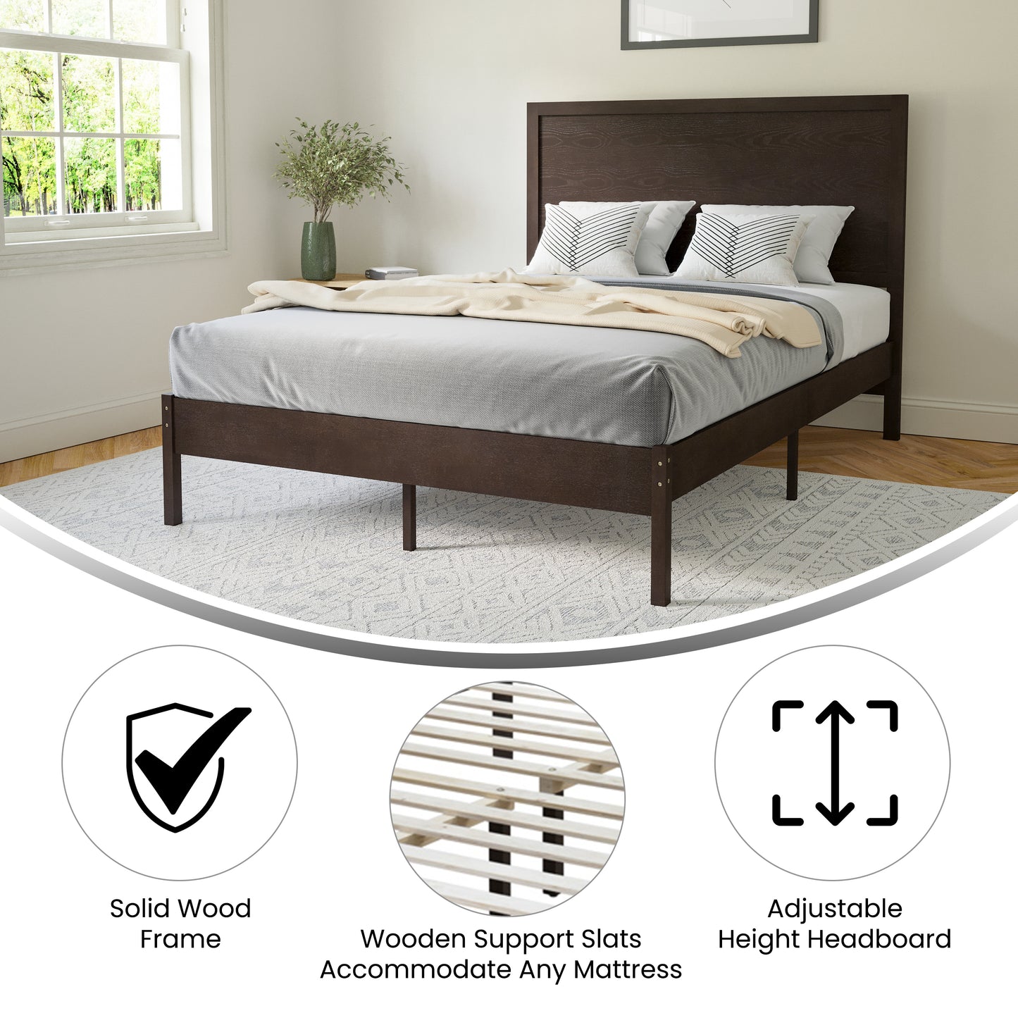 Asher Full Size Solid Wood Platform Bed with Wooden Slats and Headboard, No Box Spring Needed, Dark Brown Dark Brown