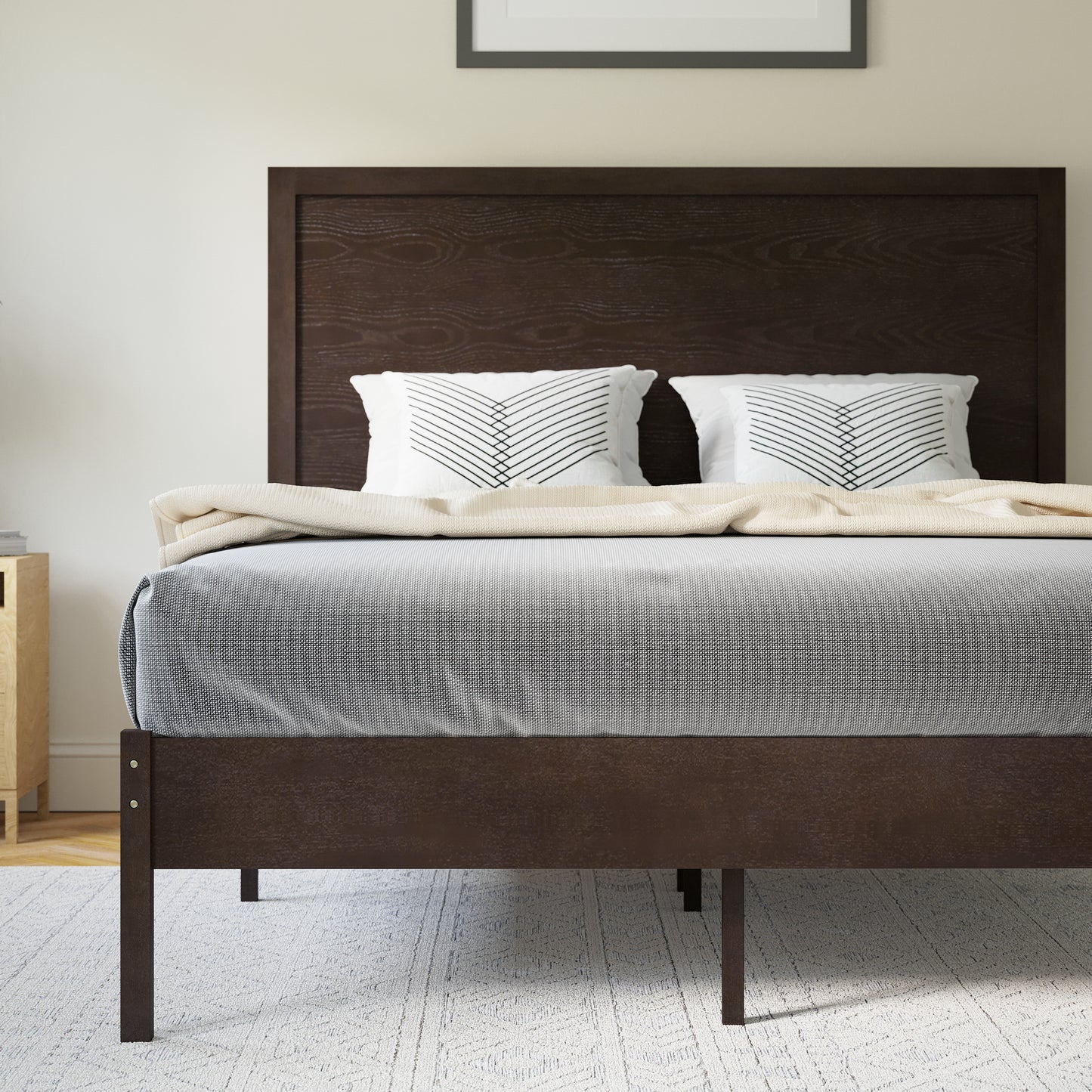 Asher Full Size Solid Wood Platform Bed with Wooden Slats and Headboard, No Box Spring Needed, Dark Brown Dark Brown
