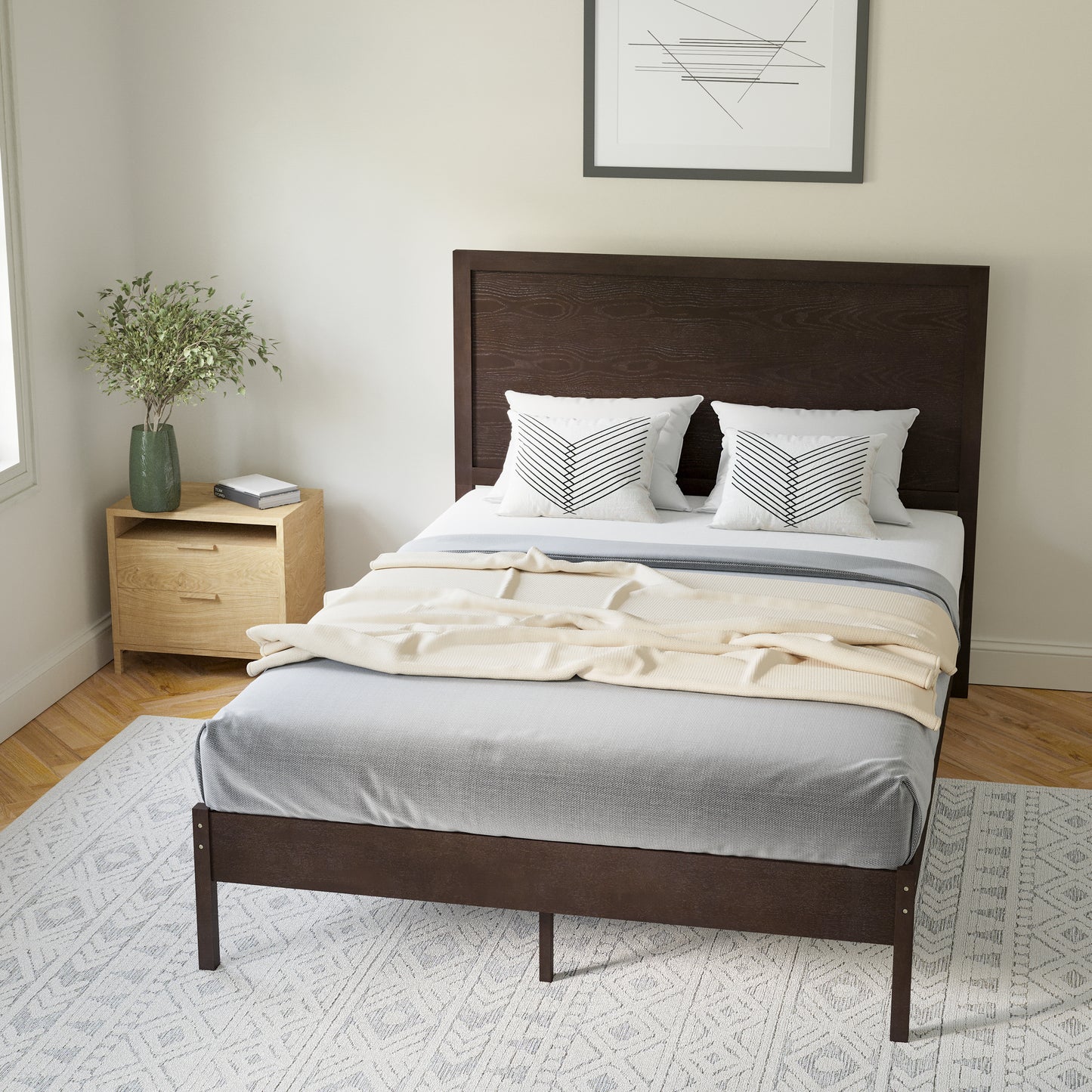 Asher Full Size Solid Wood Platform Bed with Wooden Slats and Headboard, No Box Spring Needed, Dark Brown Dark Brown