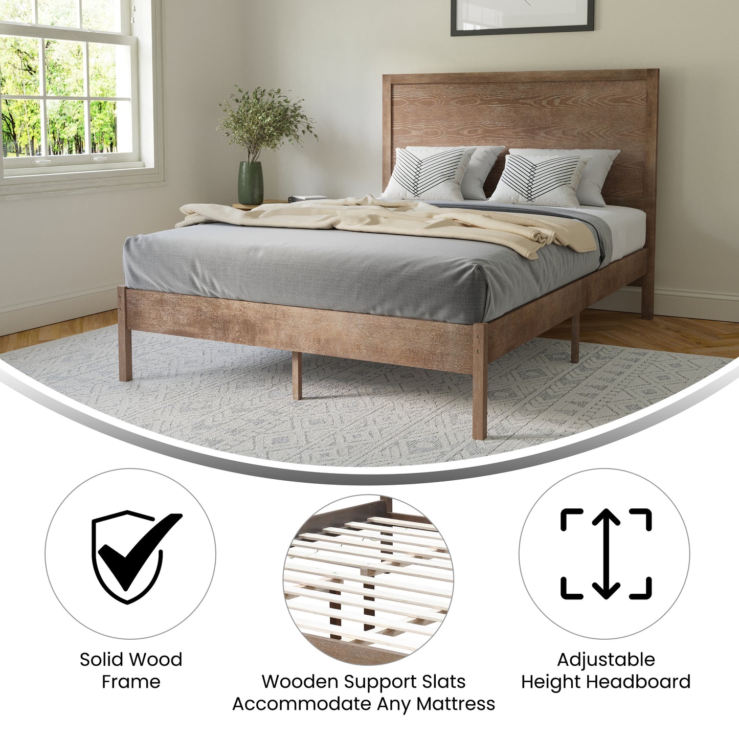 Asher Full Size Solid Wood Platform Bed with Wooden Slats and Headboard, No Box Spring Needed, Light Brown Light Brown