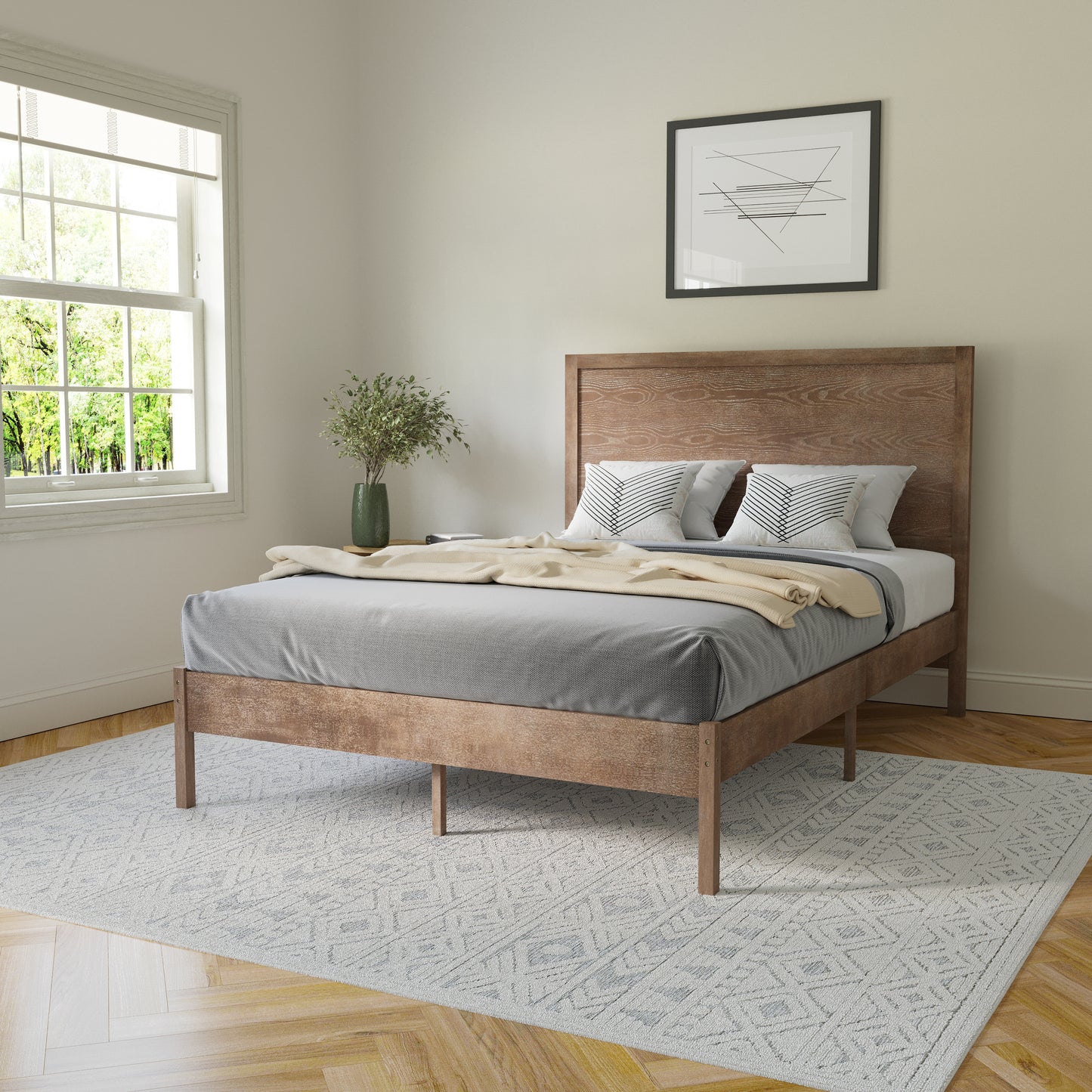 Asher Full Size Solid Wood Platform Bed with Wooden Slats and Headboard, No Box Spring Needed, Light Brown Light Brown