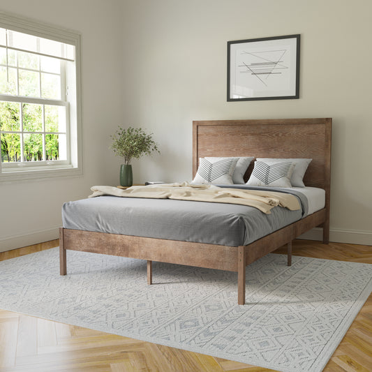 Asher Full Size Solid Wood Platform Bed with Wooden Slats and Headboard, No Box Spring Needed, Light Brown Light Brown MG-09004FB-F-OAK-GG