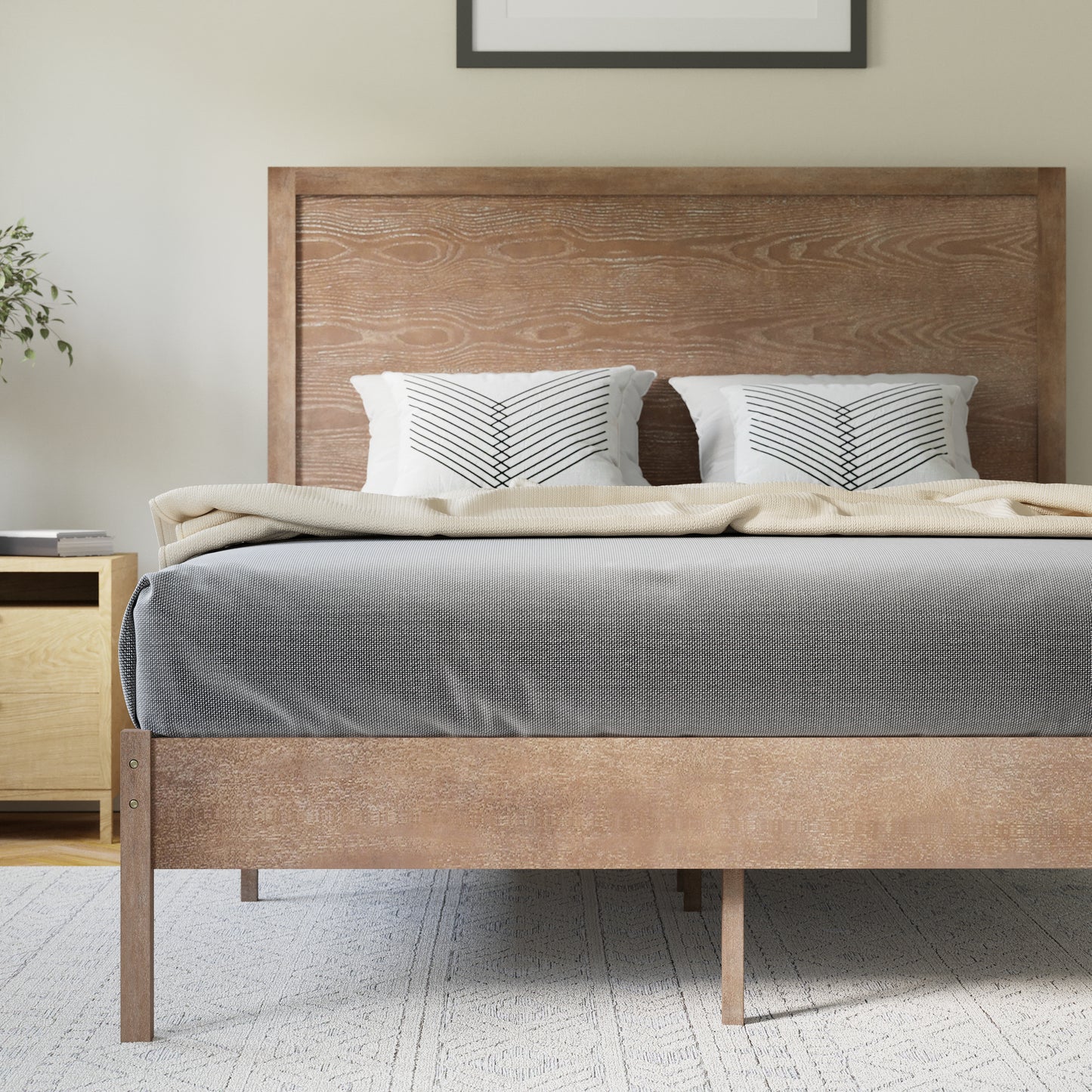 Asher Full Size Solid Wood Platform Bed with Wooden Slats and Headboard, No Box Spring Needed, Light Brown Light Brown