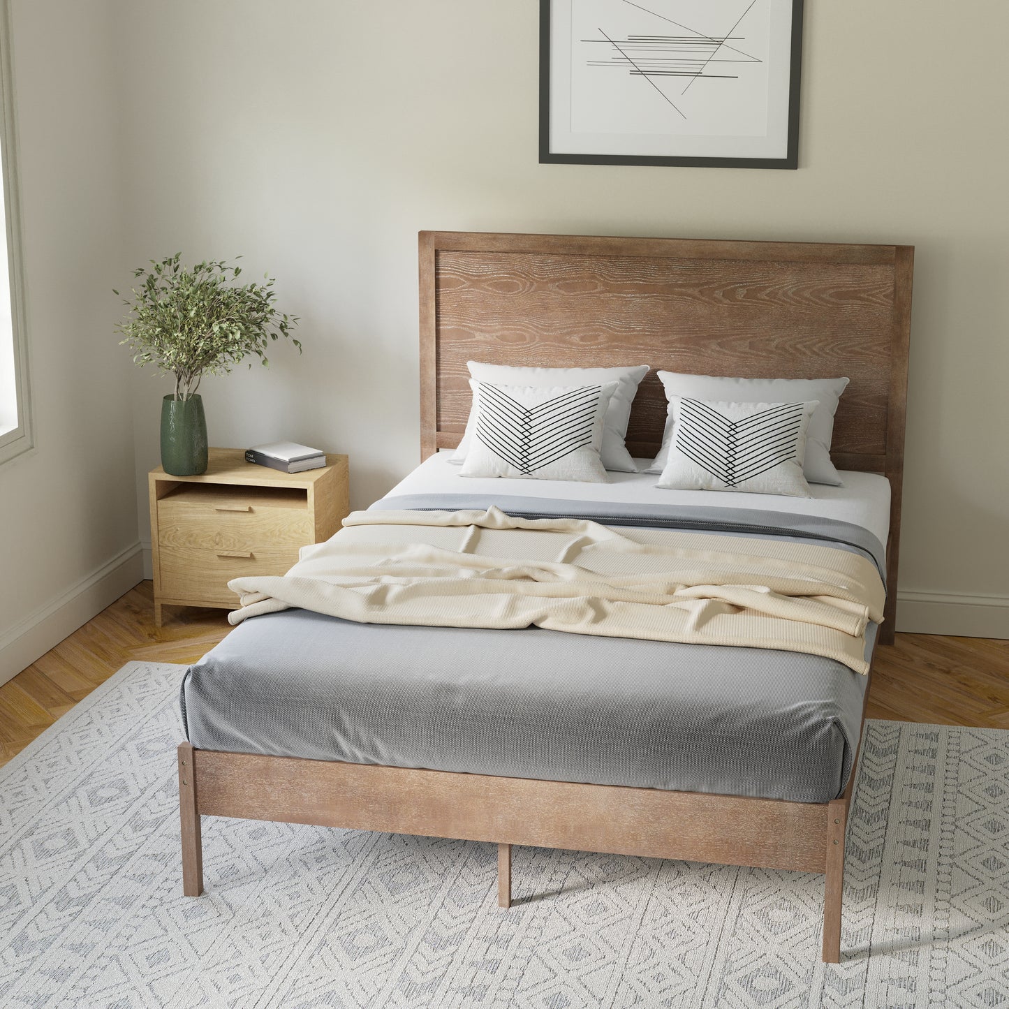 Asher Full Size Solid Wood Platform Bed with Wooden Slats and Headboard, No Box Spring Needed, Light Brown Light Brown