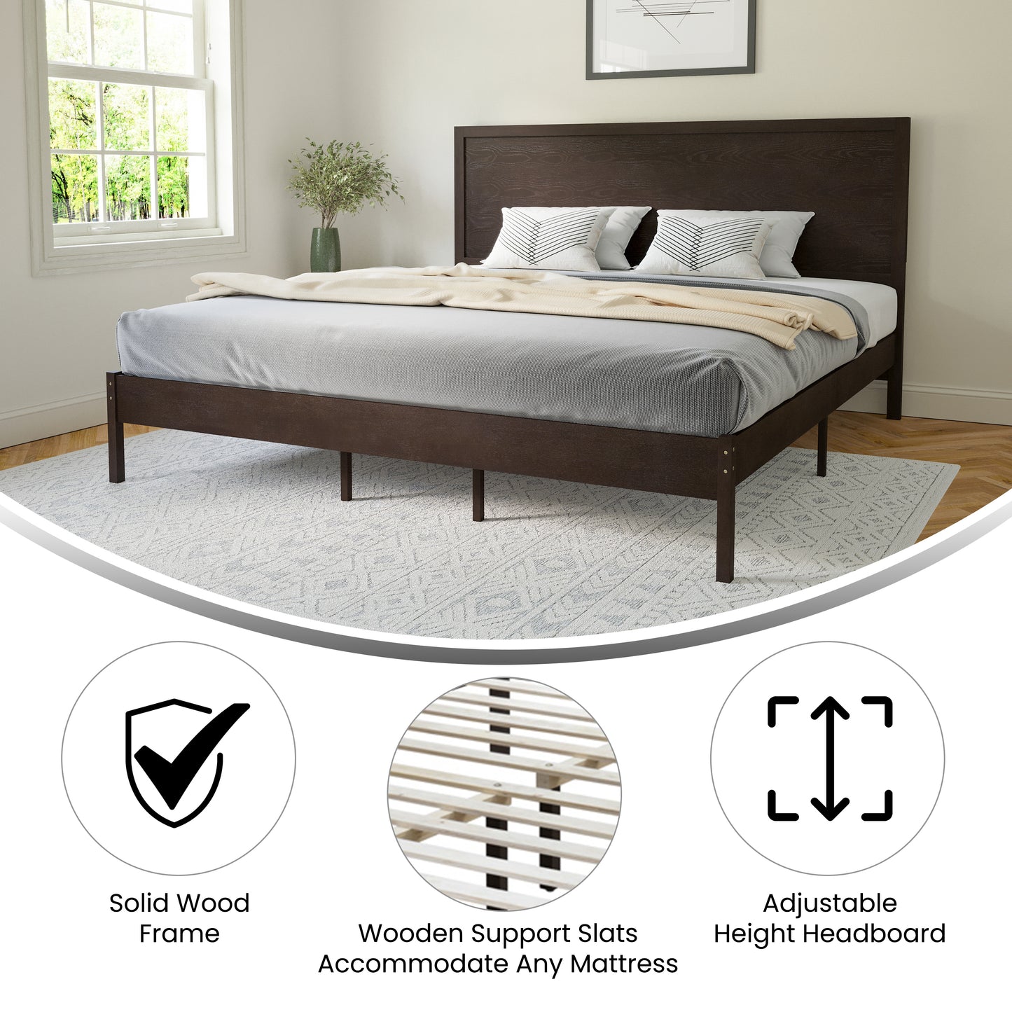 Asher King Size Solid Wood Platform Bed with Wooden Slats and Headboard, No Box Spring Needed, Dark Brown Dark Brown