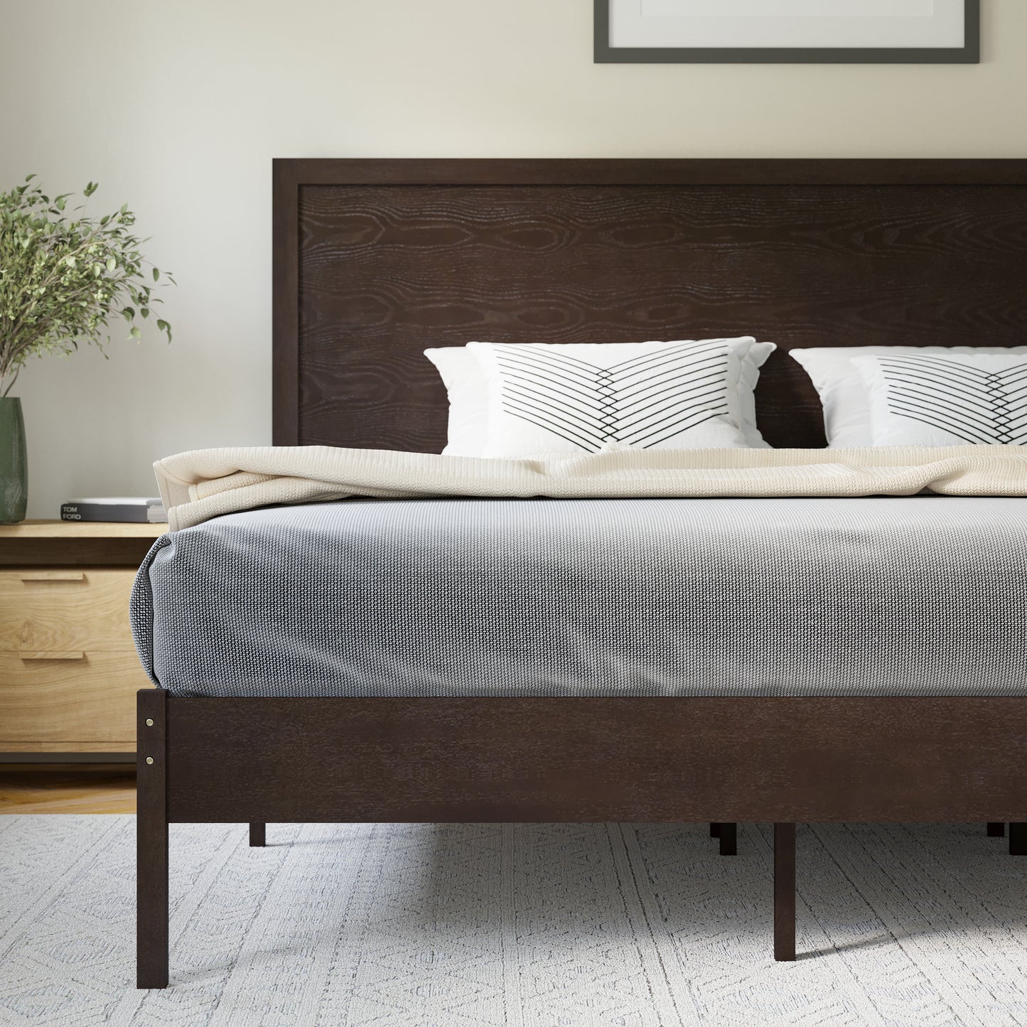 Asher King Size Solid Wood Platform Bed with Wooden Slats and Headboard, No Box Spring Needed, Dark Brown Dark Brown