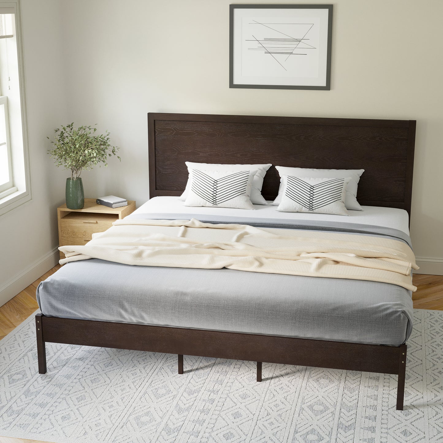 Asher King Size Solid Wood Platform Bed with Wooden Slats and Headboard, No Box Spring Needed, Dark Brown Dark Brown