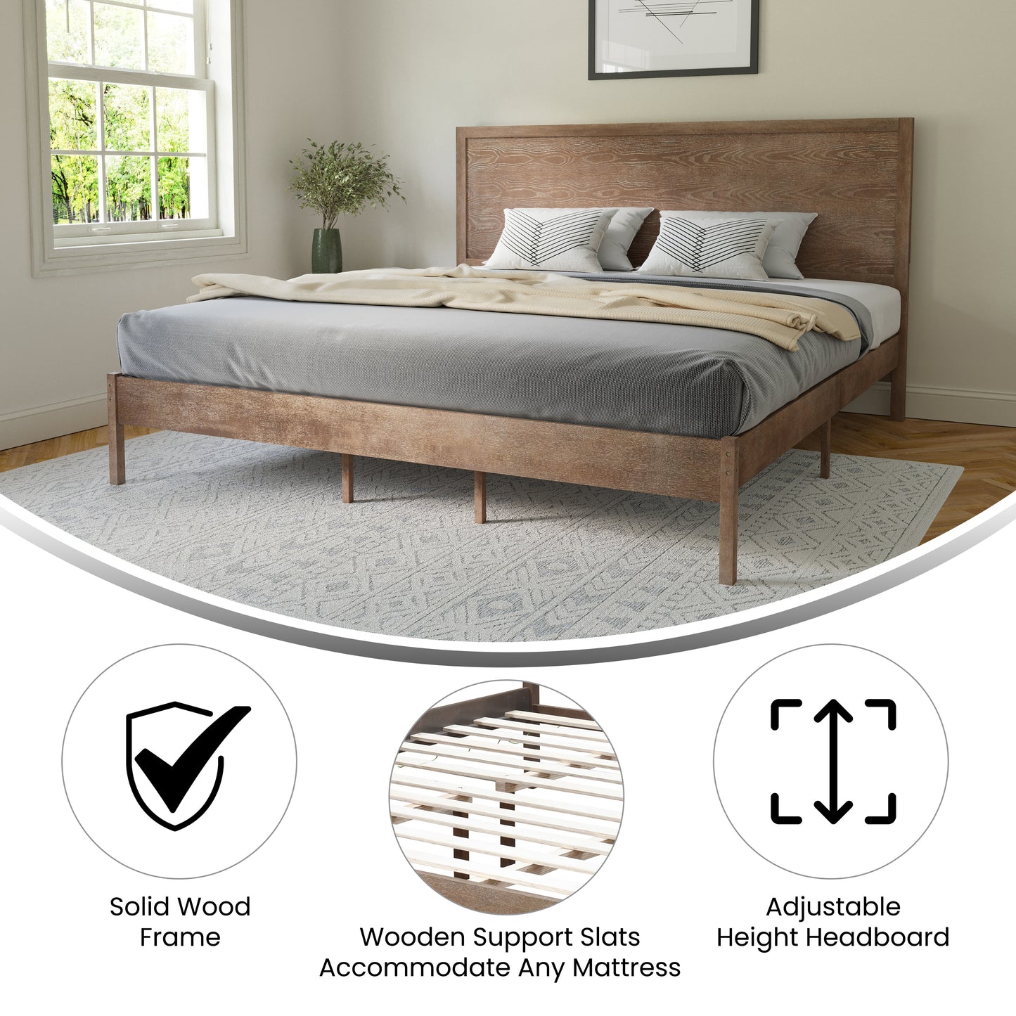 Asher King Size Solid Wood Platform Bed with Wooden Slats and Headboard, No Box Spring Needed, Light Brown Light Brown