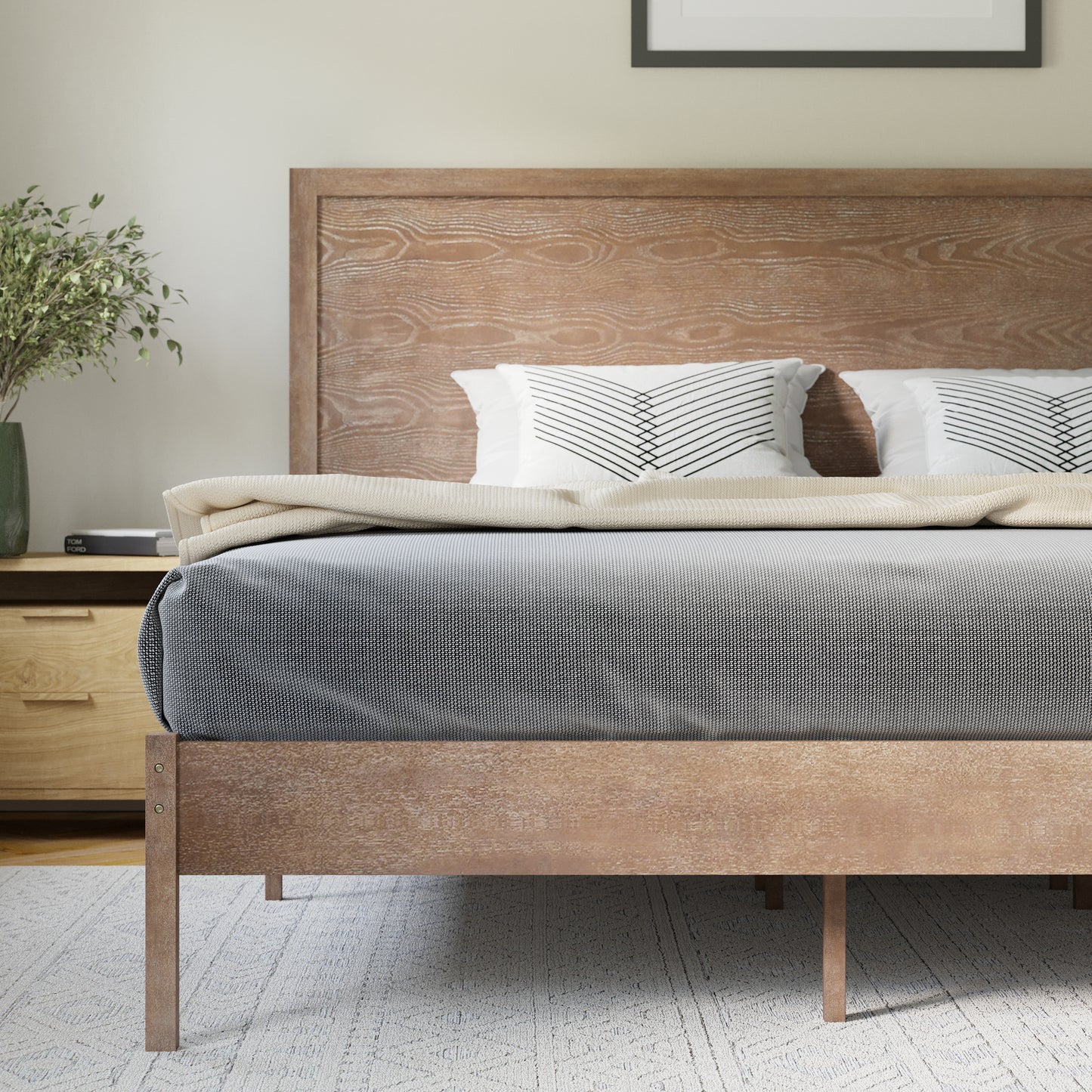 Asher King Size Solid Wood Platform Bed with Wooden Slats and Headboard, No Box Spring Needed, Light Brown Light Brown