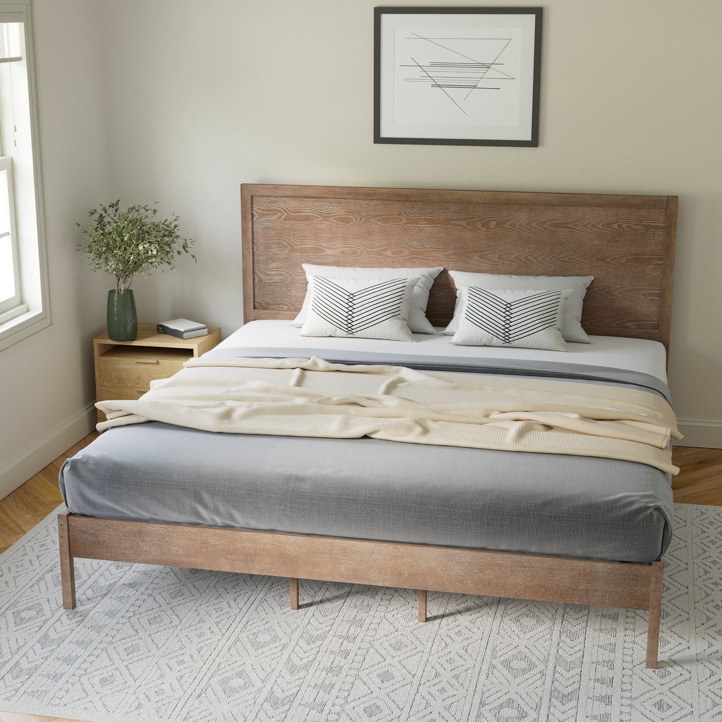 Asher King Size Solid Wood Platform Bed with Wooden Slats and Headboard, No Box Spring Needed, Light Brown Light Brown