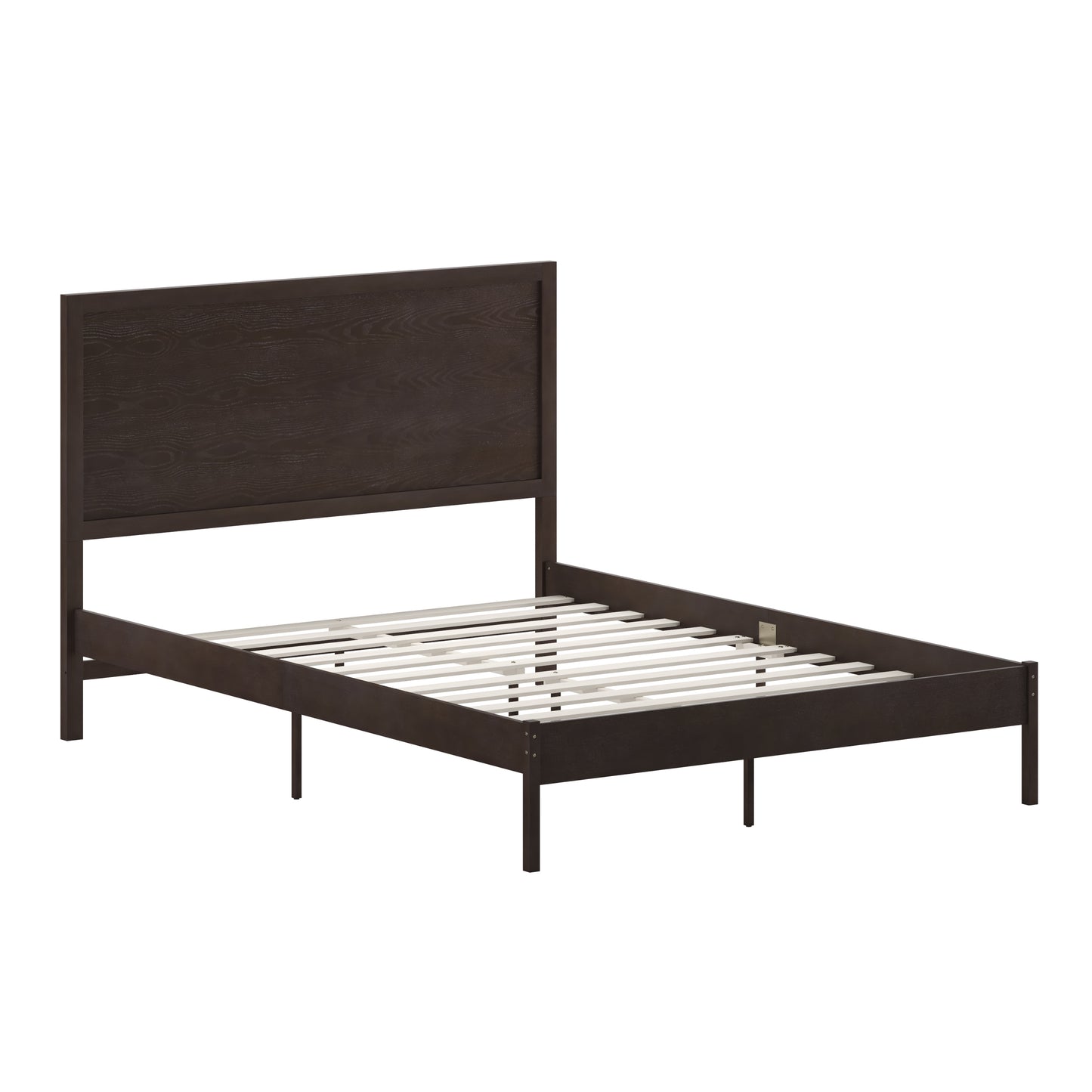 Asher Queen Size Solid Wood Platform Bed with Wooden Slats and Headboard, No Box Spring Needed, Dark Brown Dark Brown