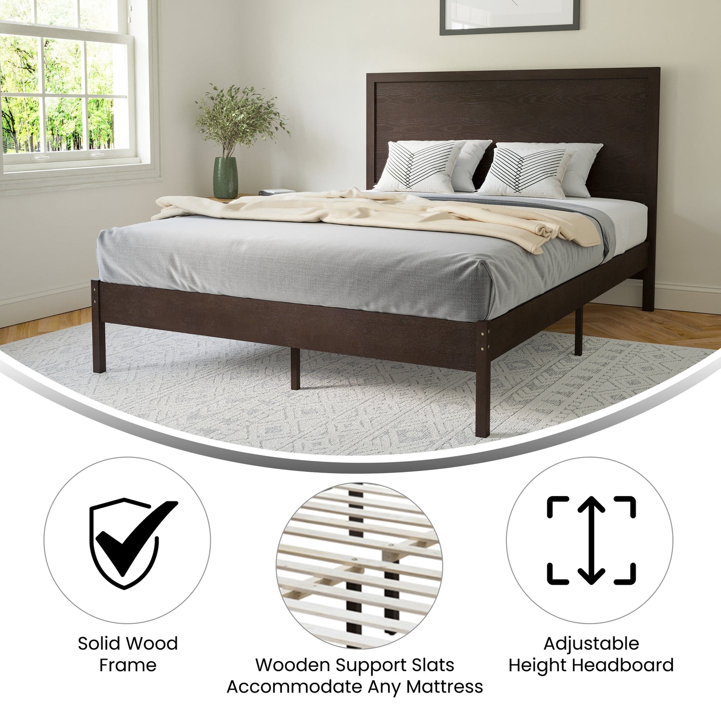 Asher Queen Size Solid Wood Platform Bed with Wooden Slats and Headboard, No Box Spring Needed, Dark Brown Dark Brown