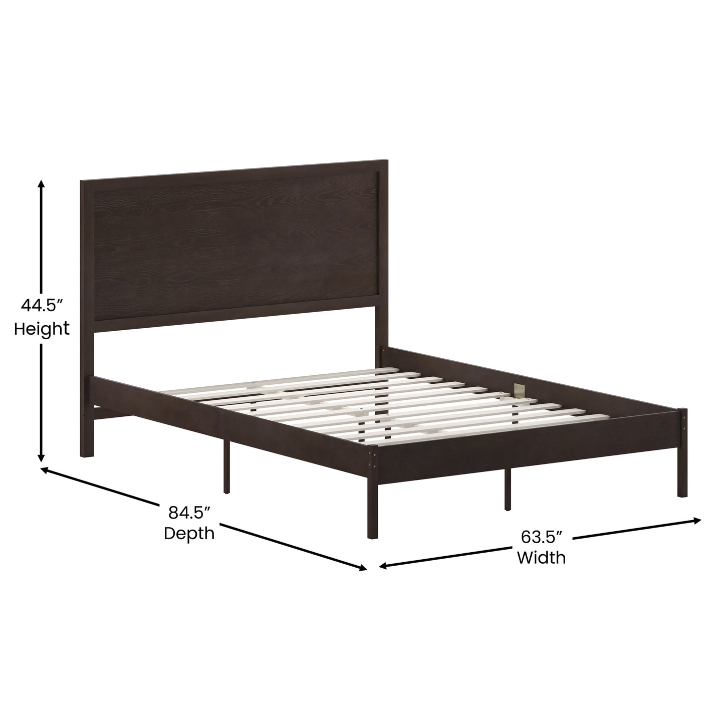 Asher Queen Size Solid Wood Platform Bed with Wooden Slats and Headboard, No Box Spring Needed, Dark Brown Dark Brown