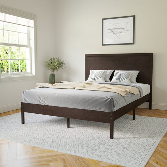 Asher Queen Size Solid Wood Platform Bed with Wooden Slats and Headboard, No Box Spring Needed, Dark Brown Dark Brown MG-09004QB-Q-DKBRN-GG