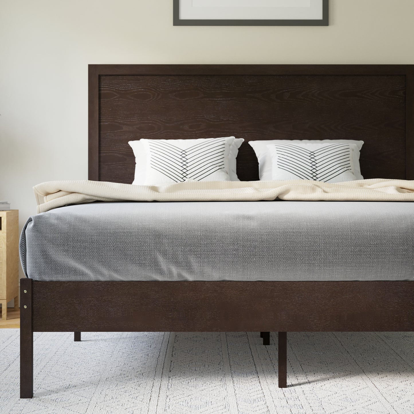 Asher Queen Size Solid Wood Platform Bed with Wooden Slats and Headboard, No Box Spring Needed, Dark Brown Dark Brown