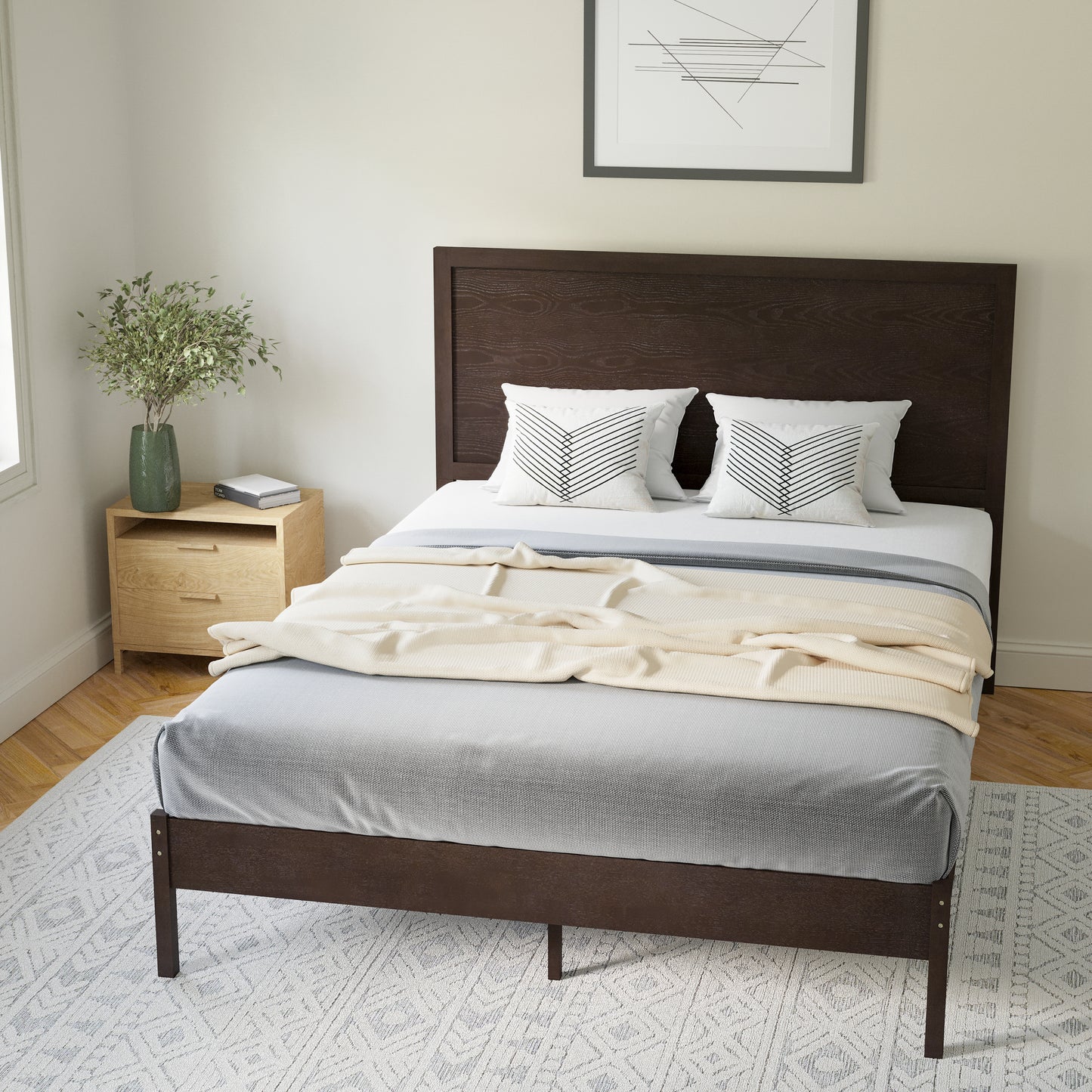 Asher Queen Size Solid Wood Platform Bed with Wooden Slats and Headboard, No Box Spring Needed, Dark Brown Dark Brown