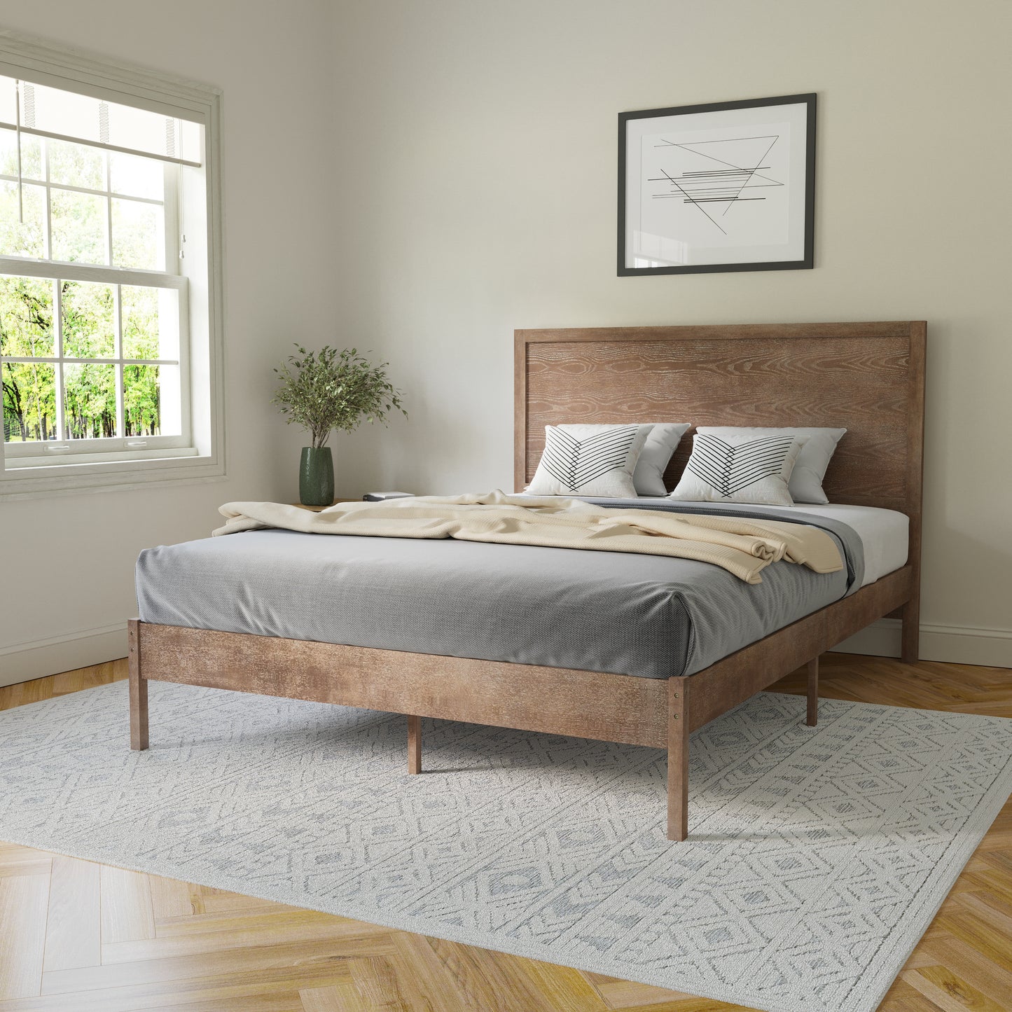 Asher Queen Size Solid Wood Platform Bed with Wooden Slats and Headboard, No Box Spring Needed, Light Brown Light Brown MG-09004QB-Q-OAK-GG