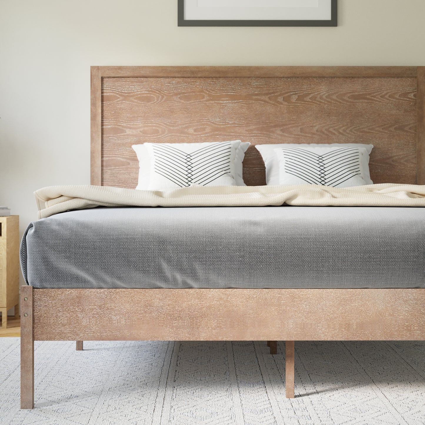 Asher Queen Size Solid Wood Platform Bed with Wooden Slats and Headboard, No Box Spring Needed, Light Brown Light Brown MG-09004QB-Q-OAK-GG