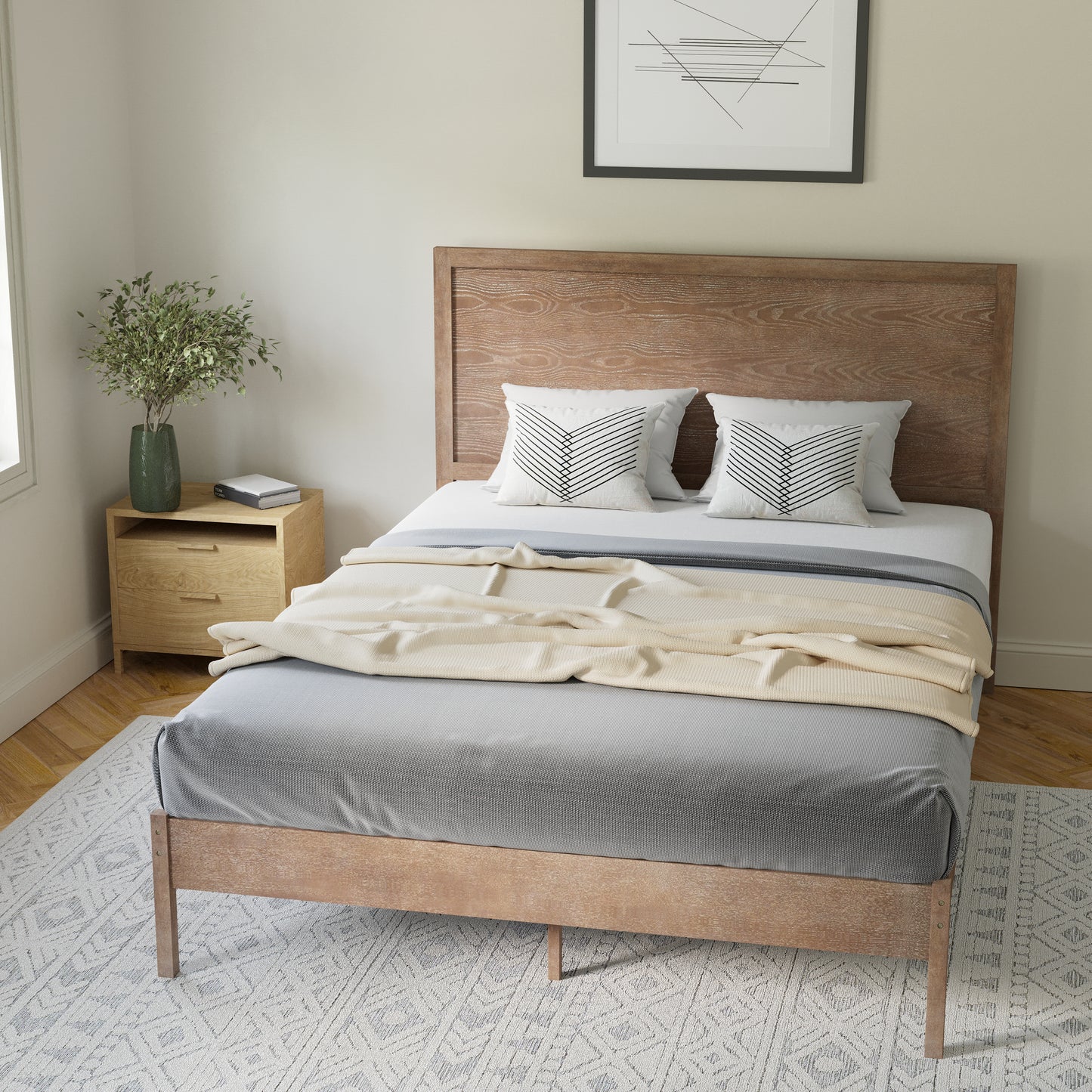 Asher Queen Size Solid Wood Platform Bed with Wooden Slats and Headboard, No Box Spring Needed, Light Brown Light Brown MG-09004QB-Q-OAK-GG
