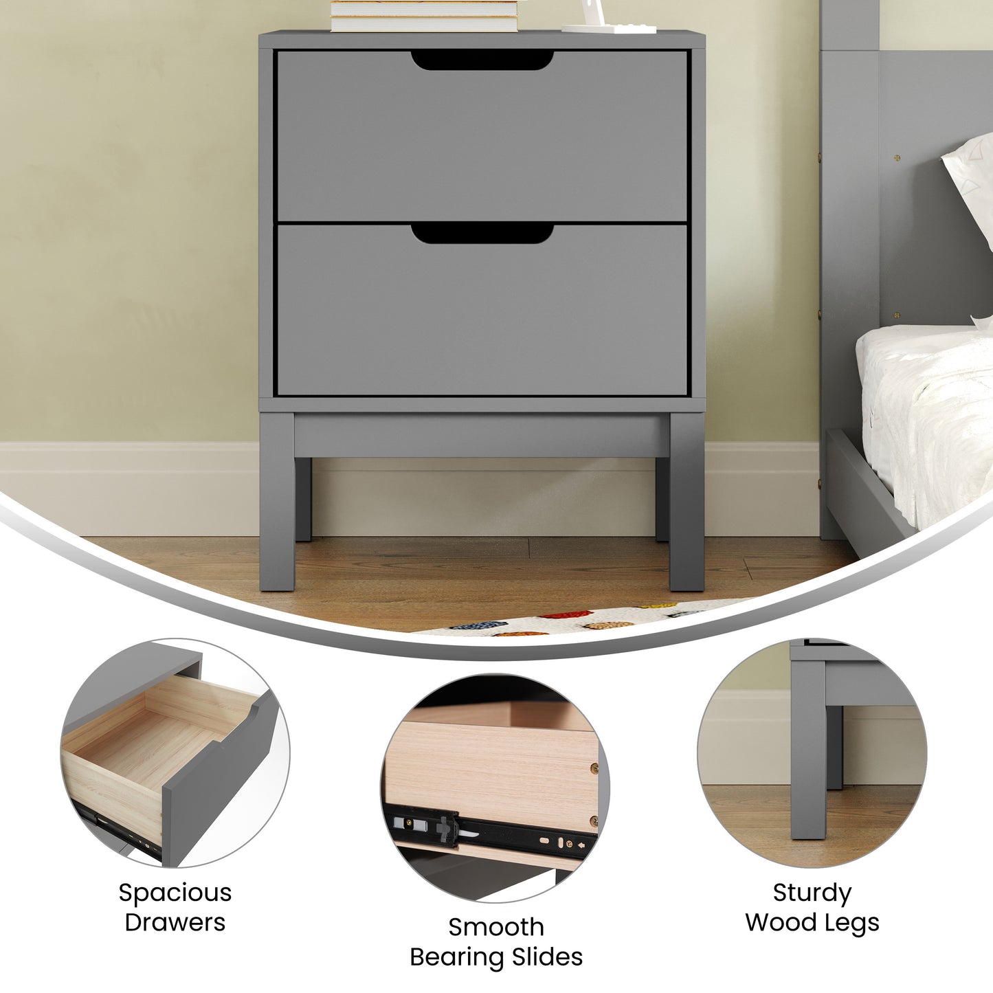 Dallas Wooden Night Stand, Bedroom Side Table with 2 Storage Drawers for Kids in Gray Gray