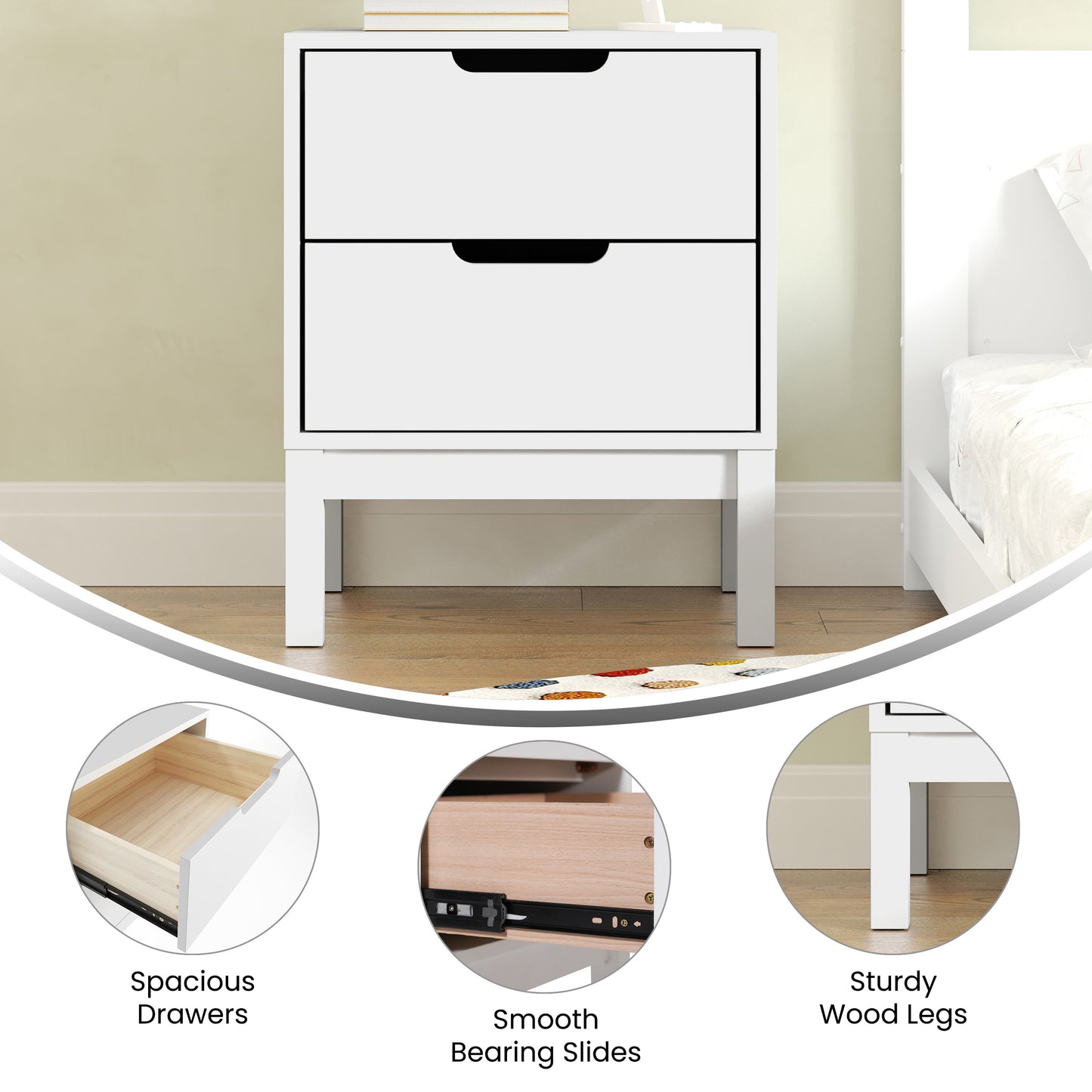 Dallas Wooden Night Stand, Bedroom Side Table with 2 Storage Drawers for Kids in White White