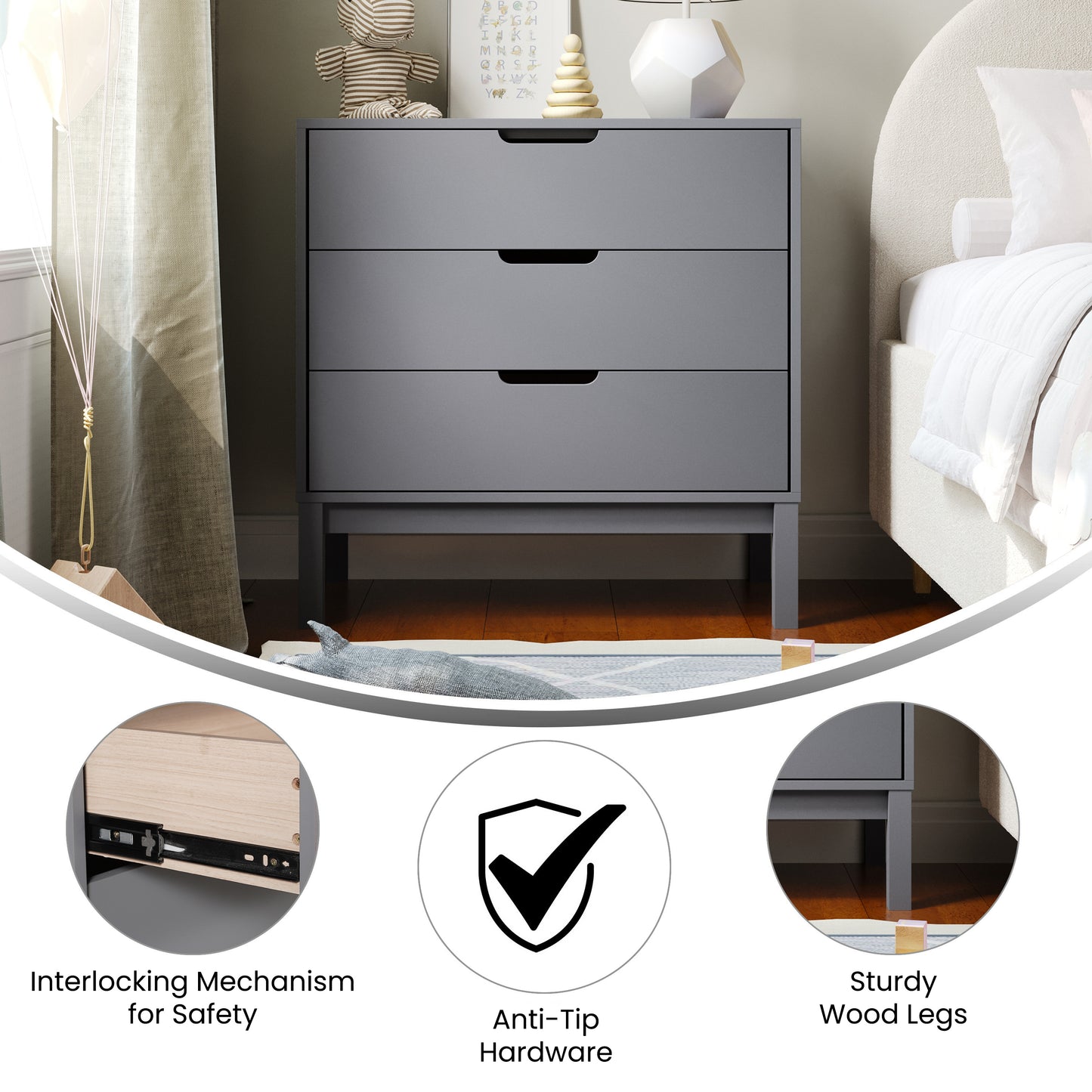 Dallas Wooden 3-Drawer Dresser for Bedroom, Chest of Drawers for Kids in Gray Gray