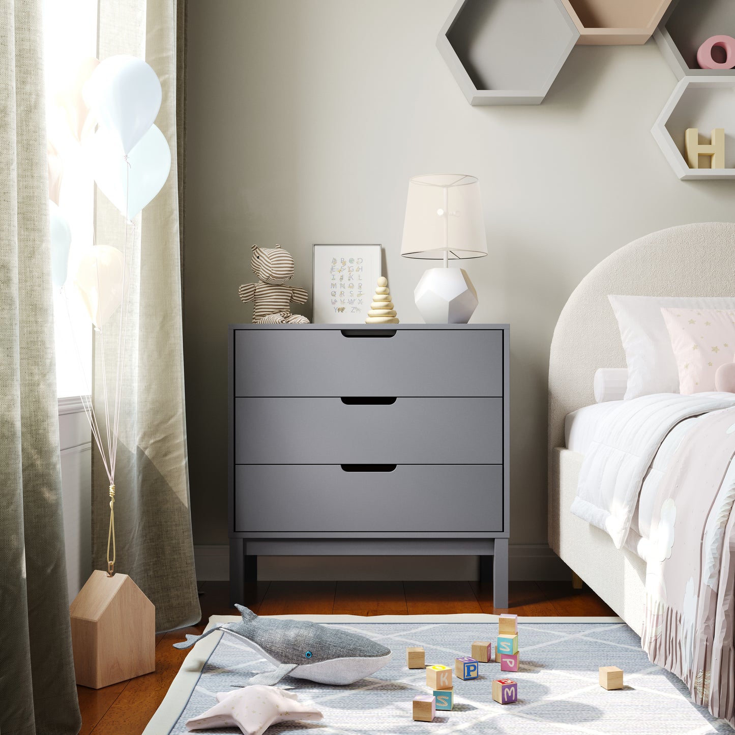Dallas Wooden 3-Drawer Dresser for Bedroom, Chest of Drawers for Kids in Gray Gray