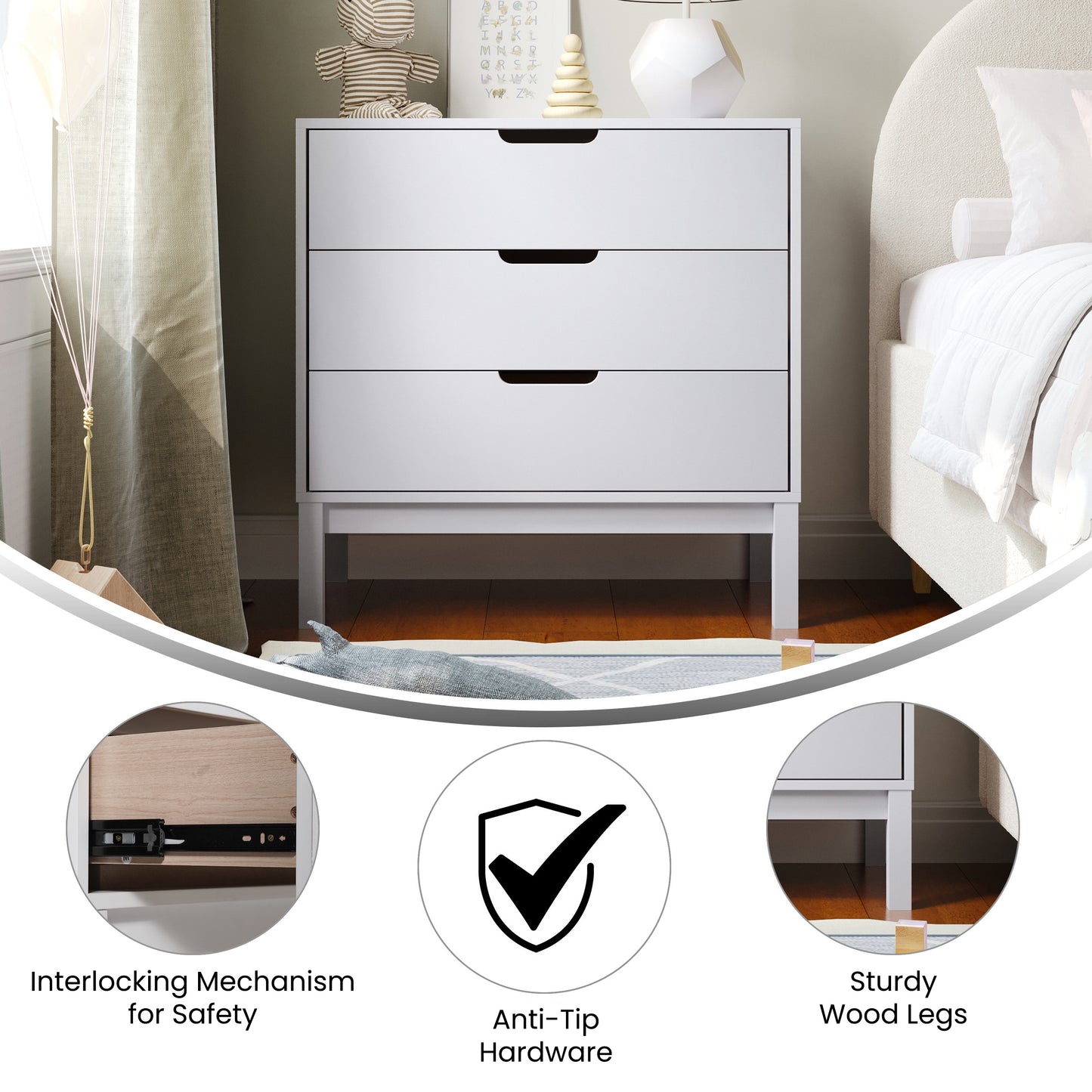 Dallas Wooden 3-Drawer Dresser for Bedroom, Chest of Drawers for Kids in White White