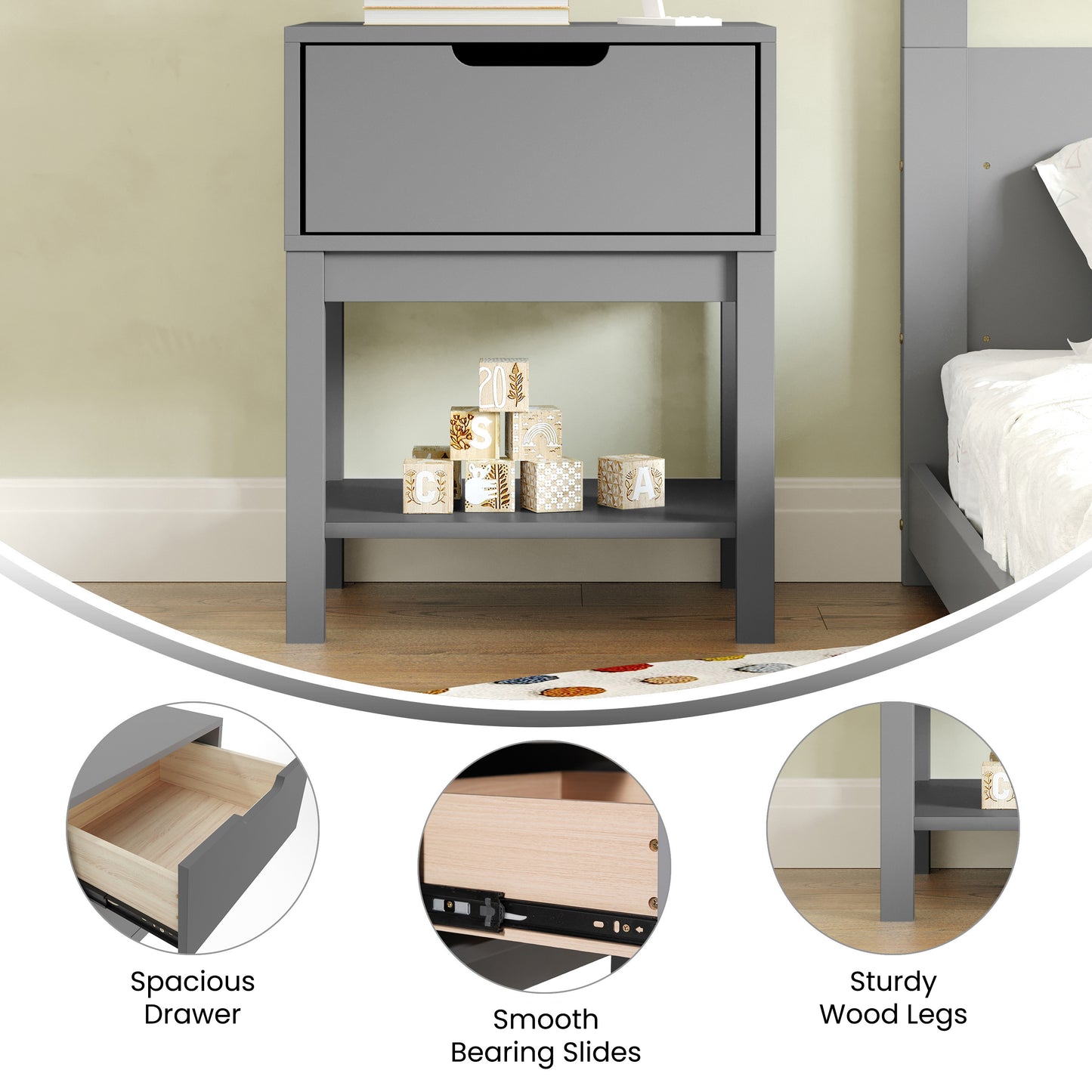 Dallas Wooden Night Stand, Bedroom Side Table with Storage Drawer and Shelf for Kids in Gray Gray