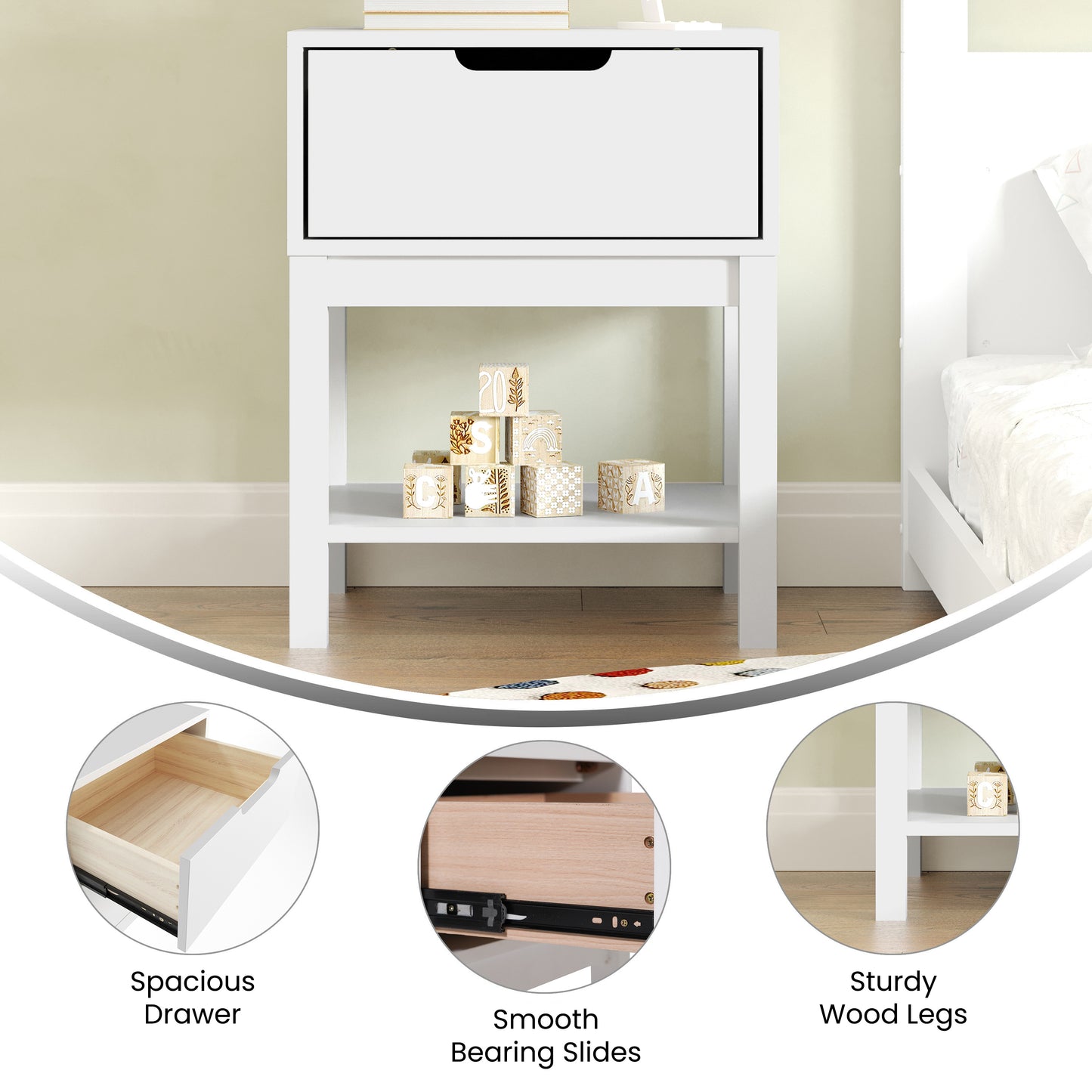 Dallas Wooden Night Stand, Bedroom Side Table with Storage Drawer and Shelf for Kids in White White