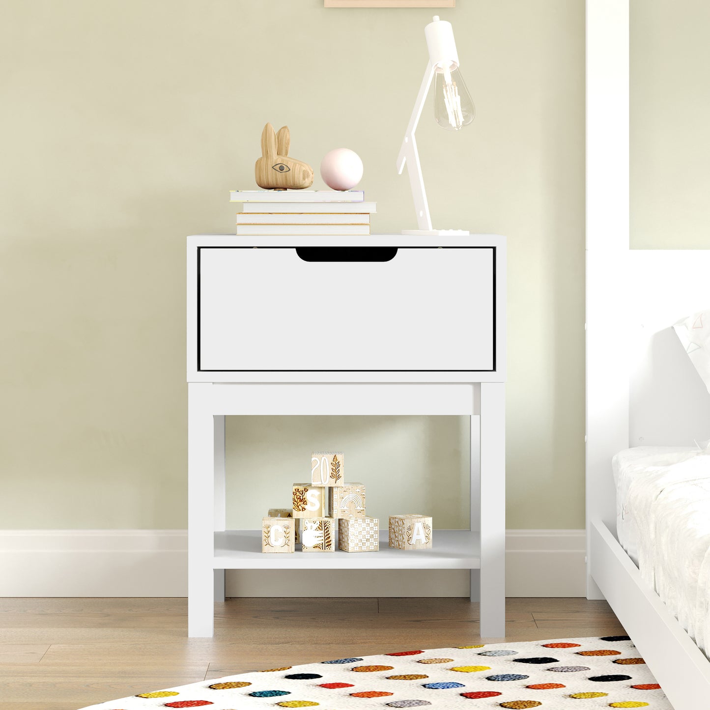 Dallas Wooden Night Stand, Bedroom Side Table with Storage Drawer and Shelf for Kids in White White