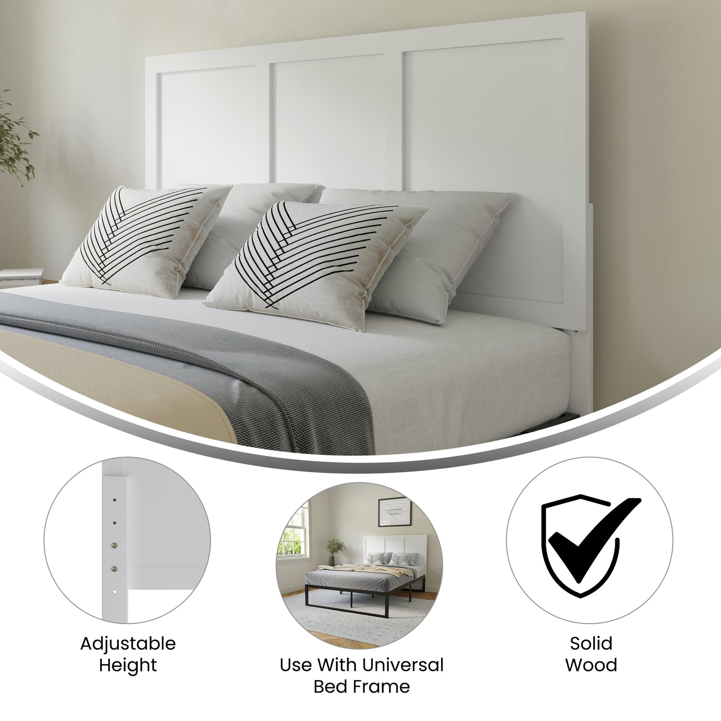 Oliver Full Size Three Panel Wooden Adjustable Headboard for Universal Metal Bed Frames in White White