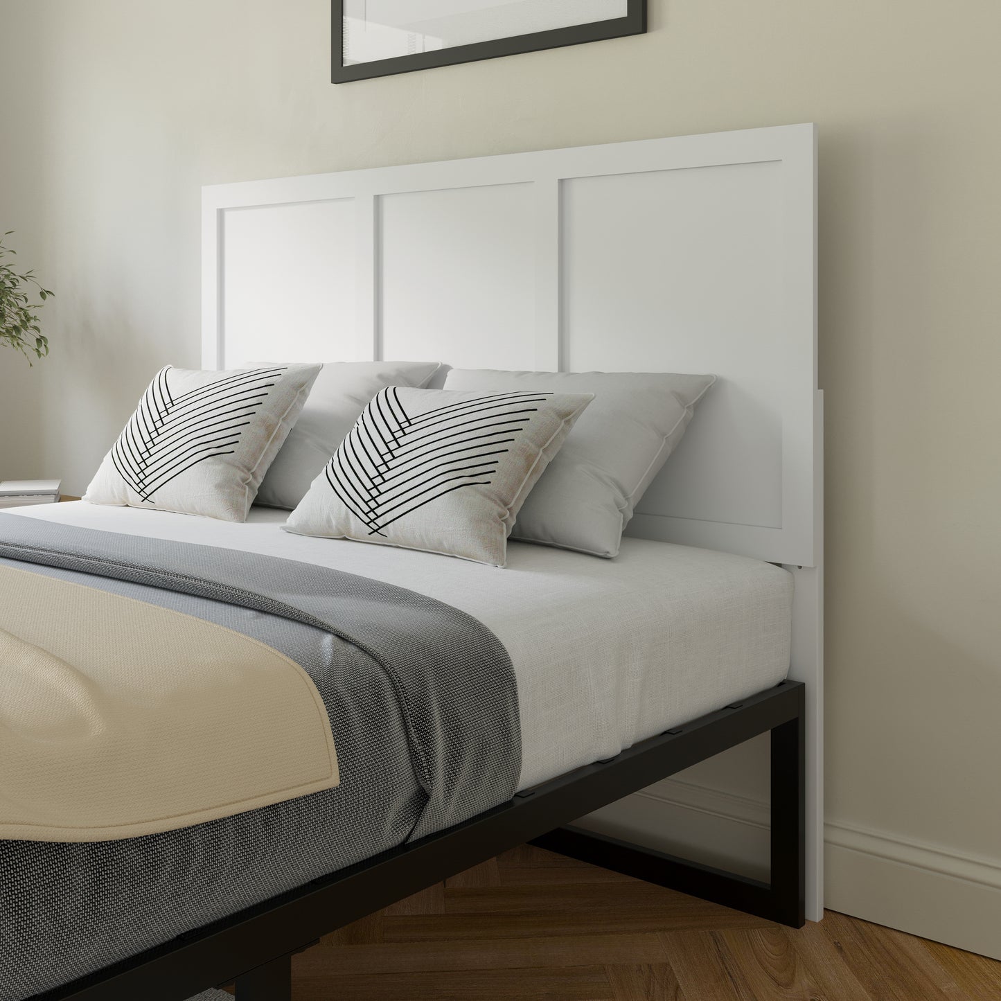 Oliver Full Size Three Panel Wooden Adjustable Headboard for Universal Metal Bed Frames in White White