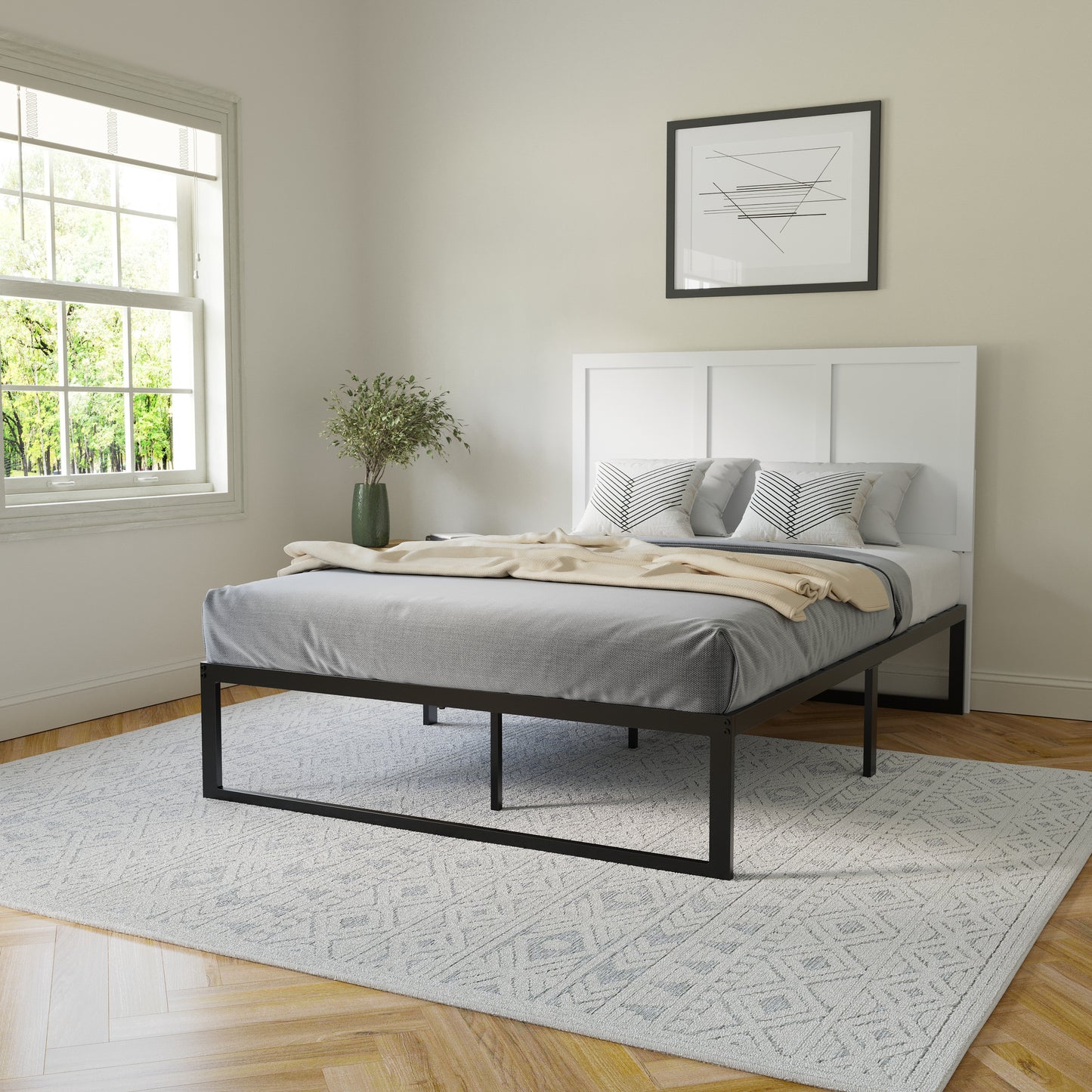 Oliver Full Size Three Panel Wooden Adjustable Headboard for Universal Metal Bed Frames in White White