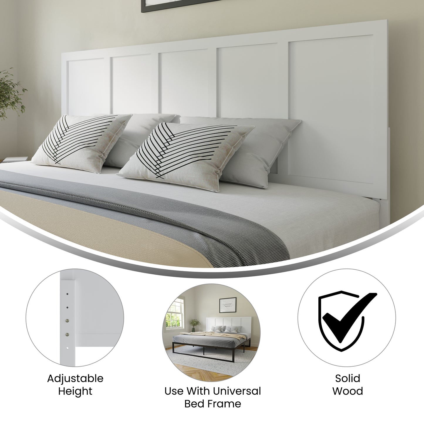 Oliver King Size Four Panel Wooden Adjustable Headboard for Universal Metal Bed Frames in White White
