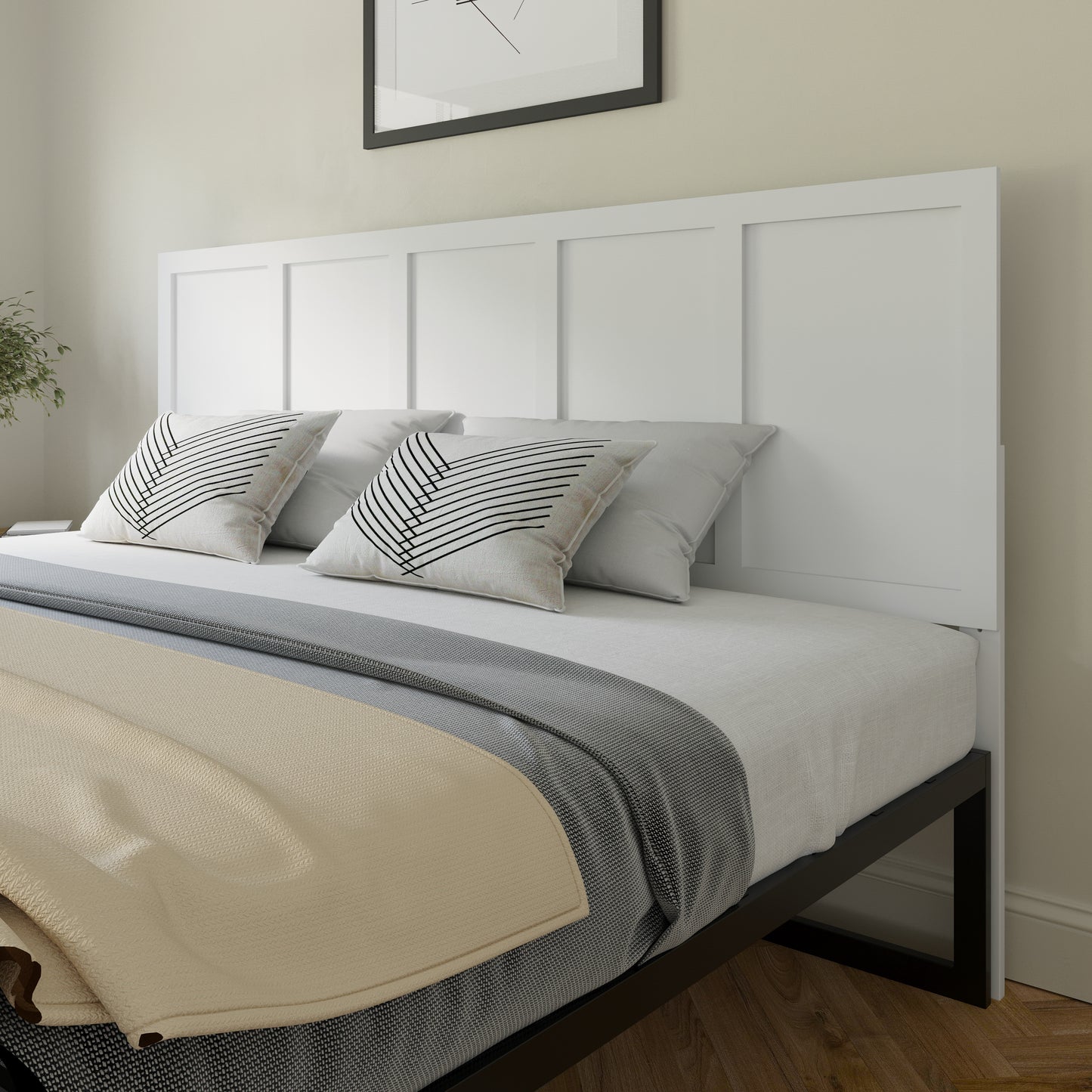 Oliver King Size Four Panel Wooden Adjustable Headboard for Universal Metal Bed Frames in White White