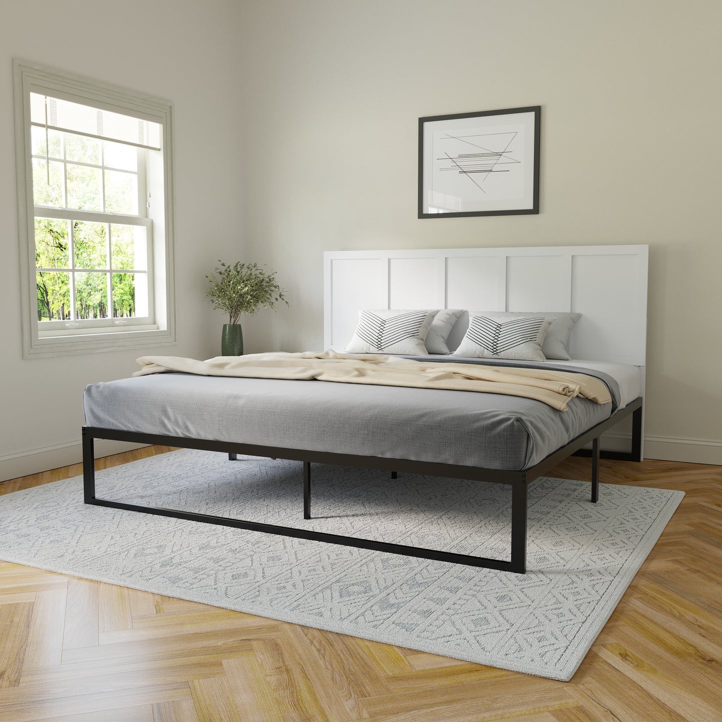 Oliver King Size Four Panel Wooden Adjustable Headboard for Universal Metal Bed Frames in White White