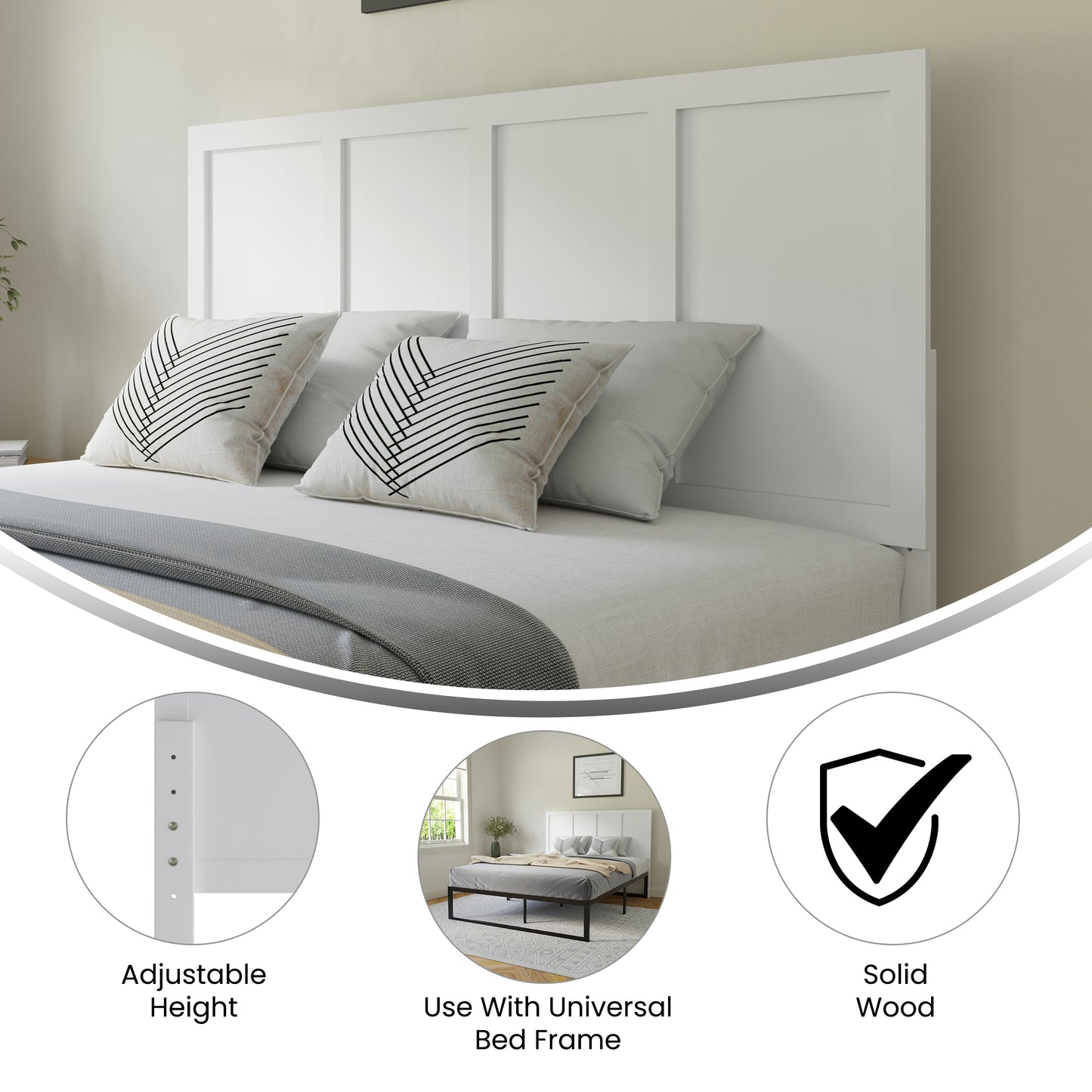 Oliver Queen Size Four Panel Wooden Adjustable Headboard for Universal Metal Bed Frames in White White