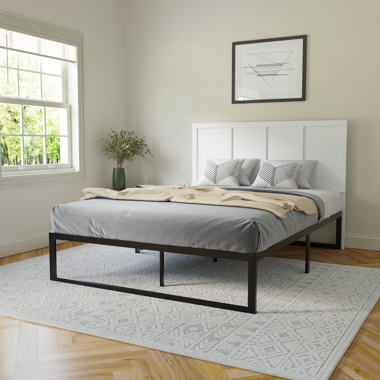 Oliver Queen Size Four Panel Wooden Adjustable Headboard for Universal Metal Bed Frames in White White