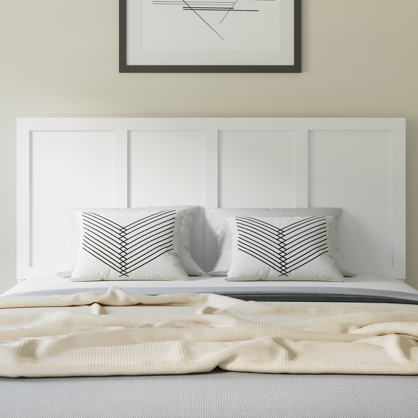 Oliver Queen Size Four Panel Wooden Adjustable Headboard for Universal Metal Bed Frames in White White